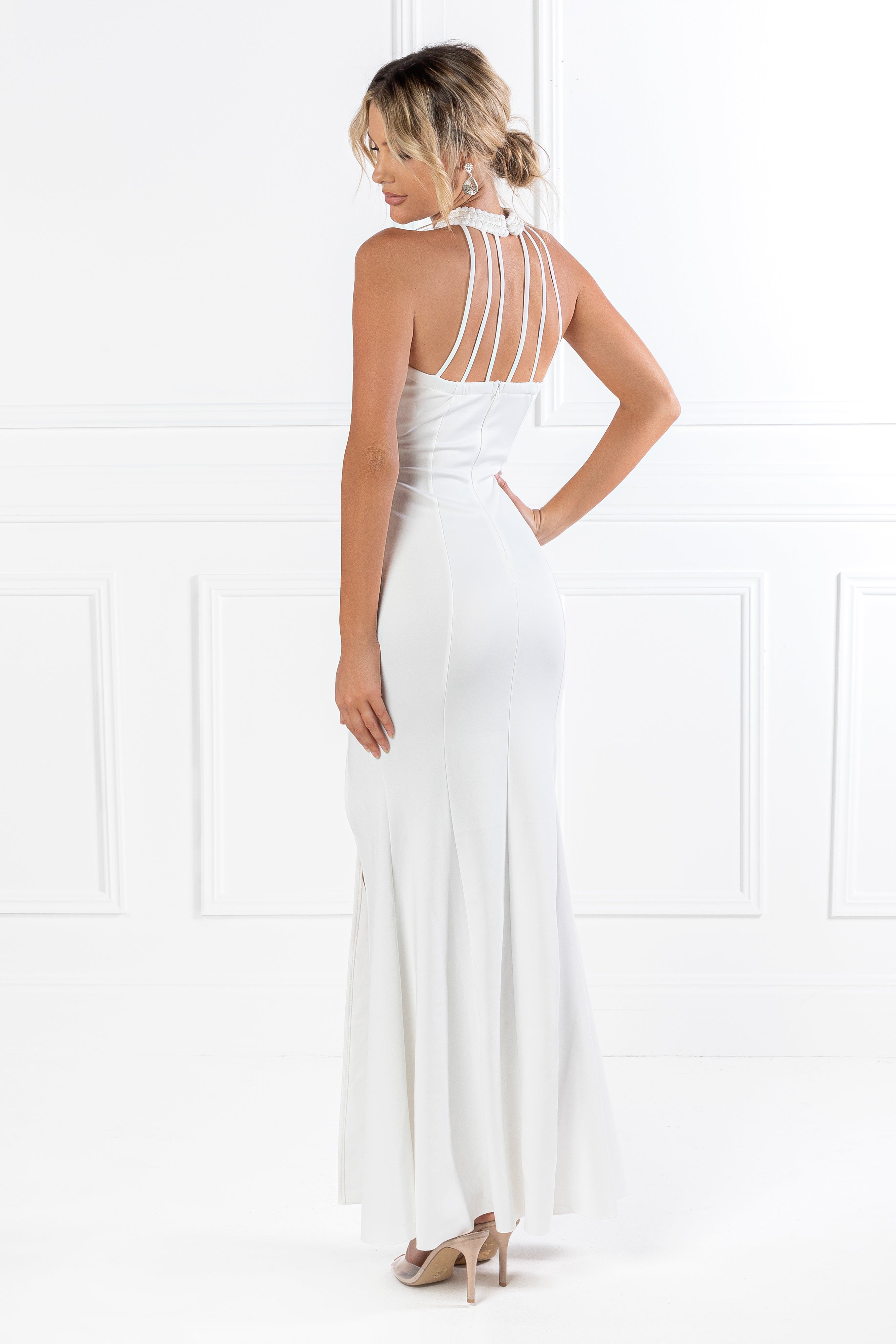 Honey Couture VALERIA White Beaded Halter Formal Gown {vendor} AfterPay Humm ZipPay LayBuy Sezzle