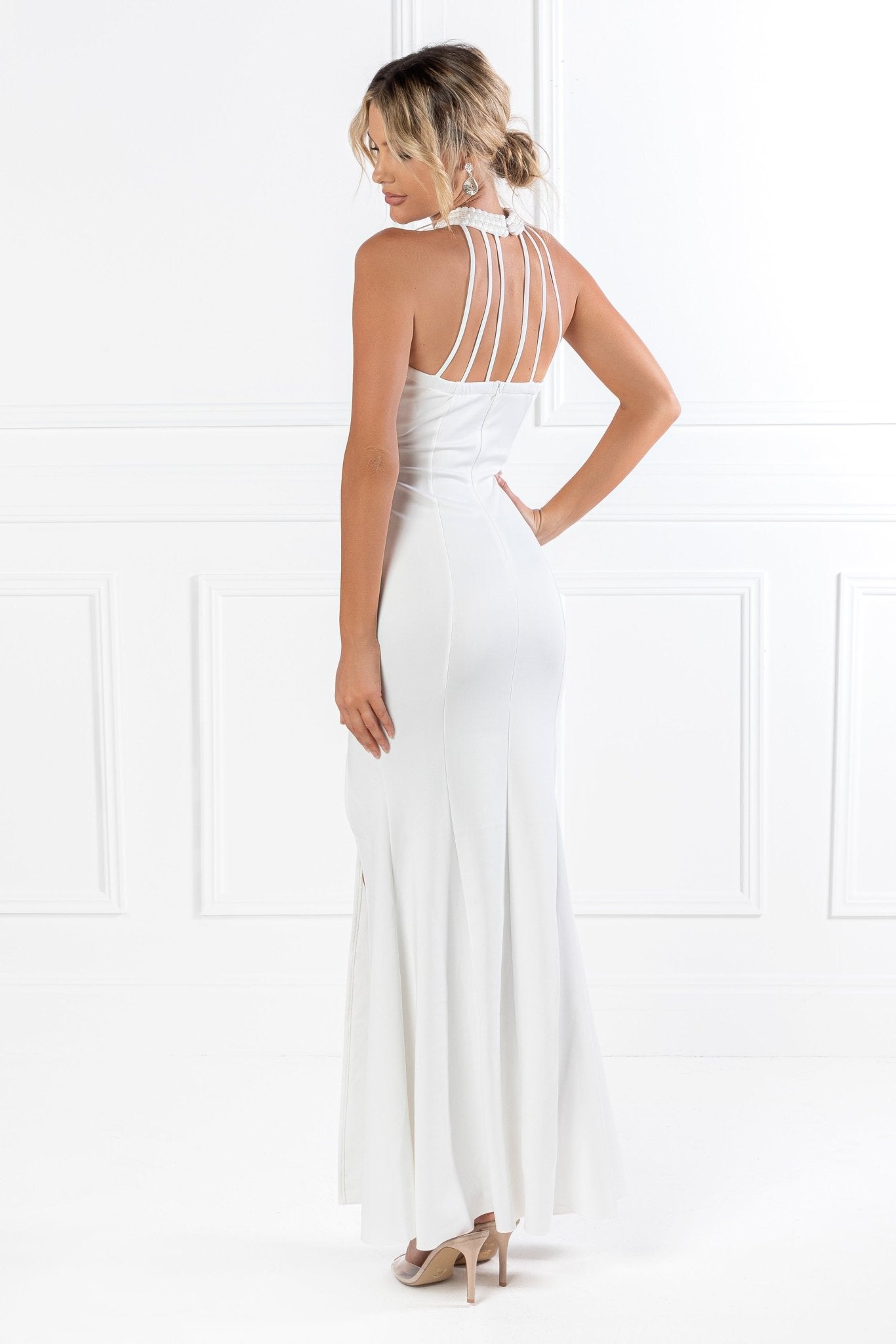 Honey Couture VALERIA White Beaded Halter Formal Gown in Australia | One Honey Boutique