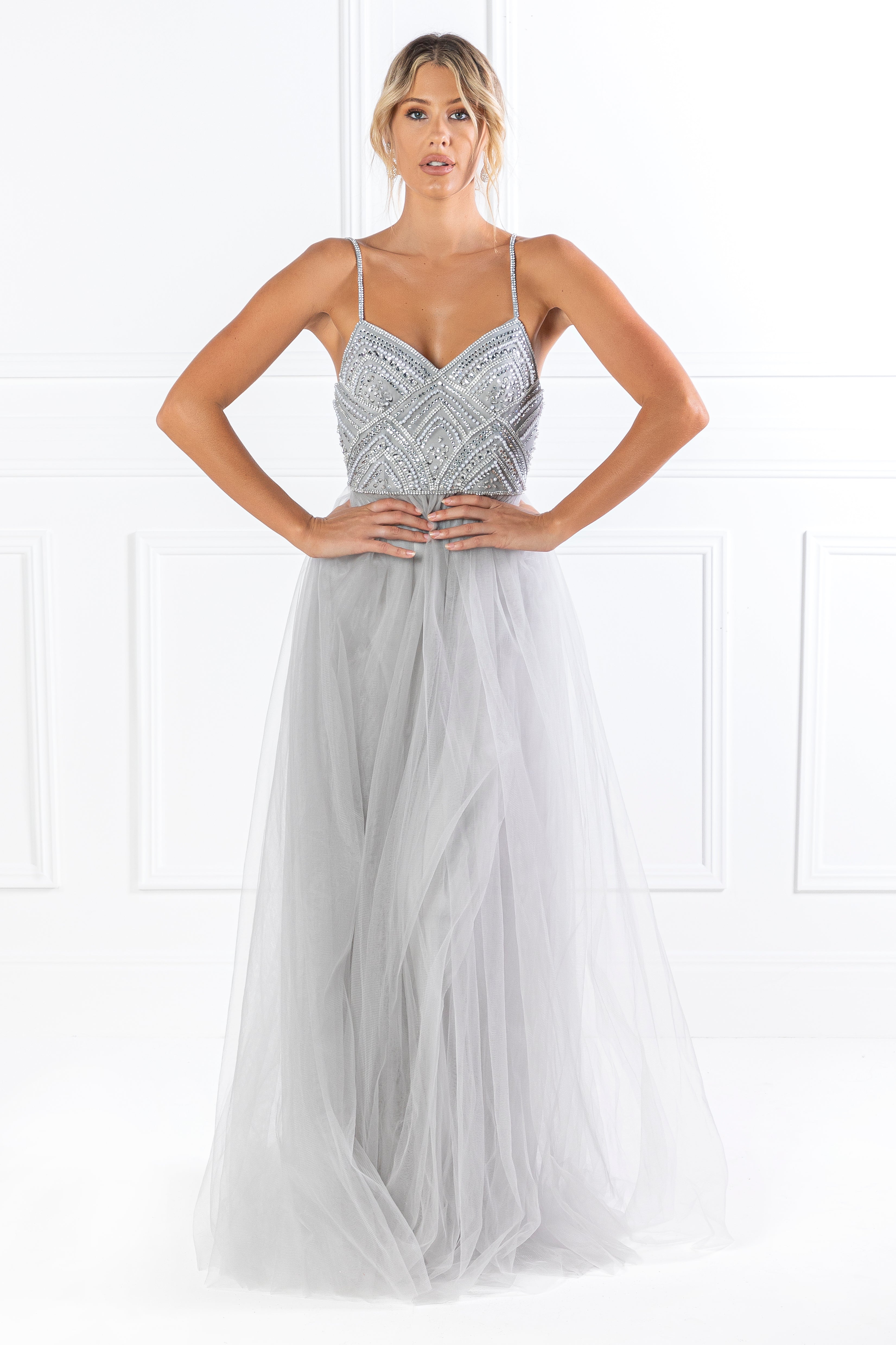 Honey Couture AINSLEY Grey Silver Crystal Beaded Tulle Formal Gown