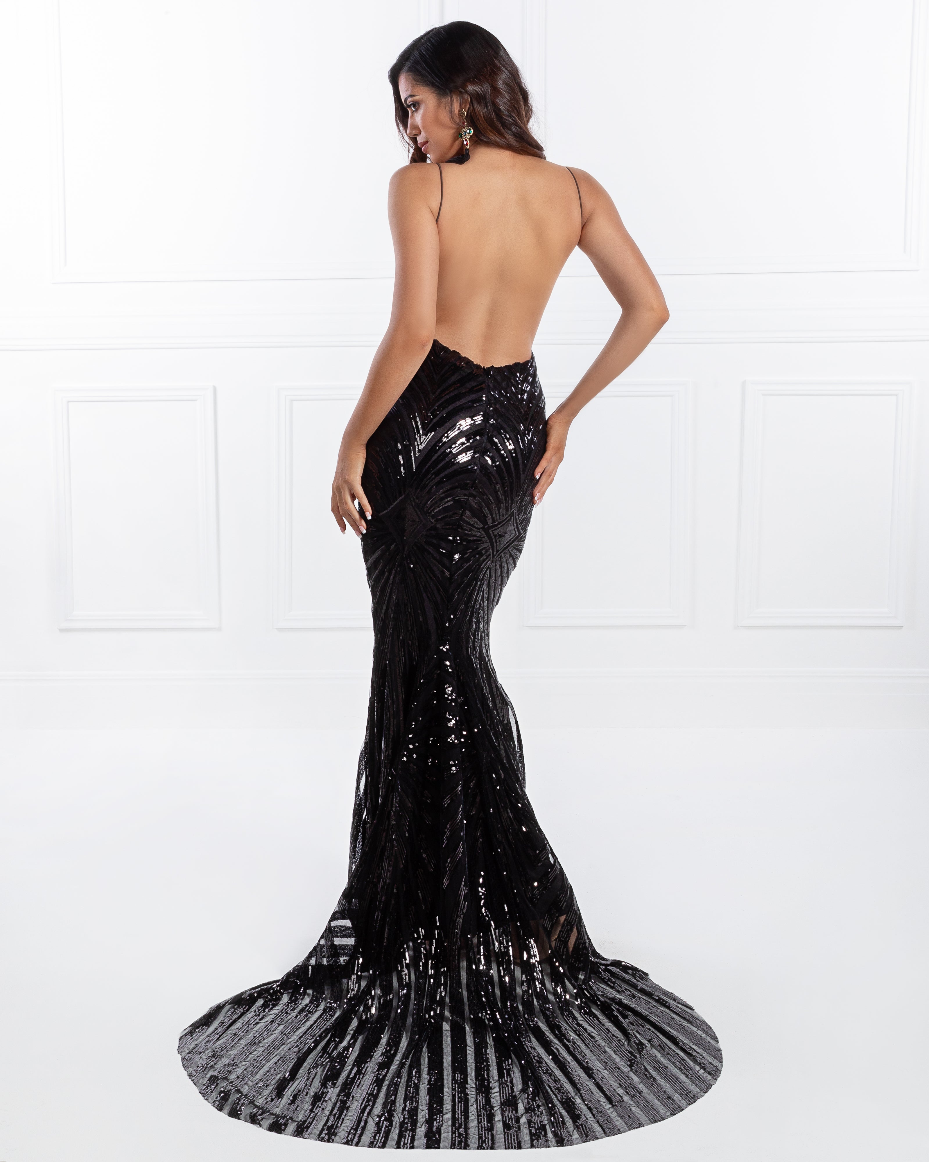 Honey Couture TILDA Black Low Back Sequin Formal Gown Dress