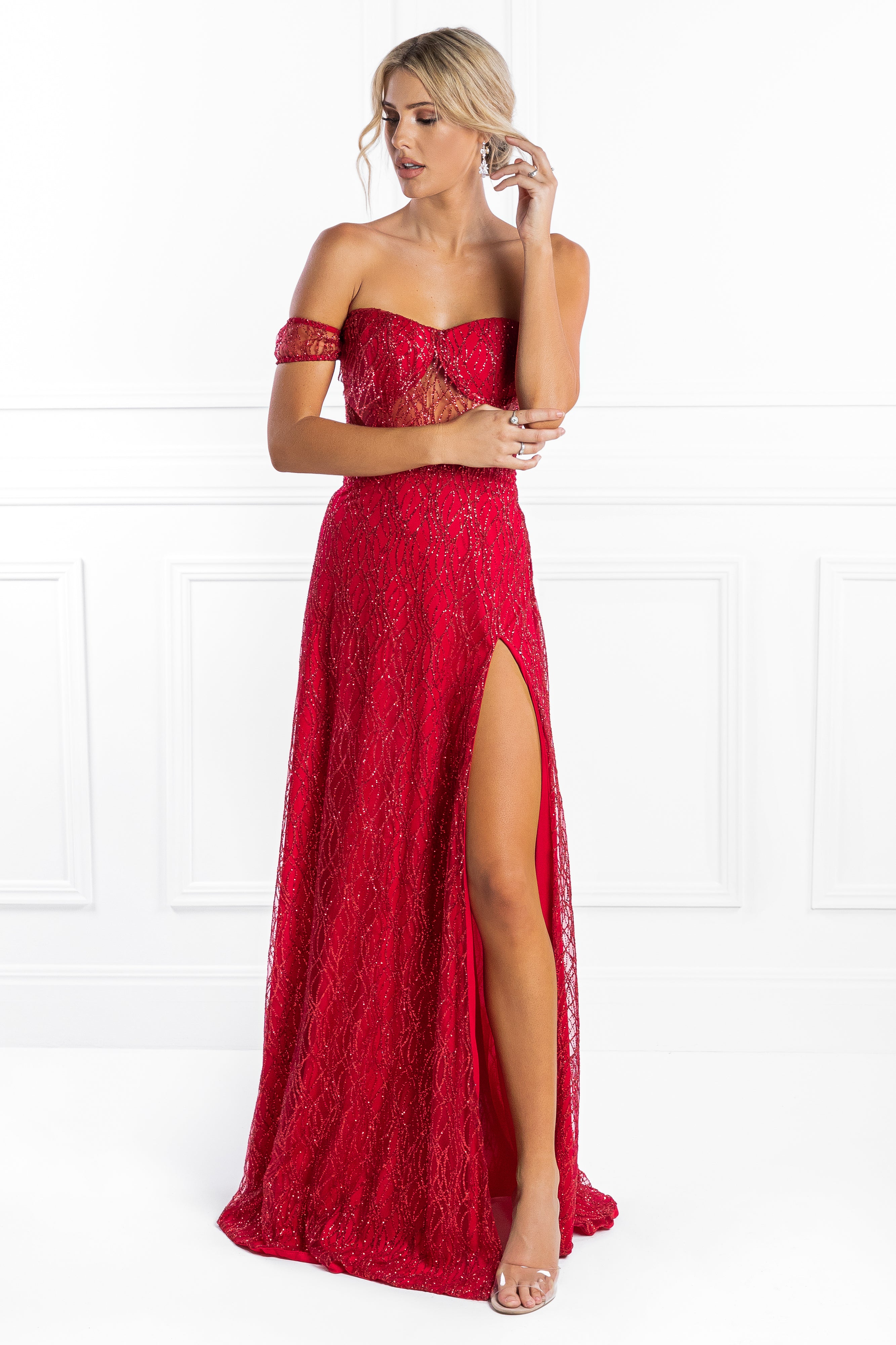 Honey Couture MARA Red Glitter One Sleeve Evening Gown Dress Honey Couture$ AfterPay Humm ZipPay LayBuy Sezzle