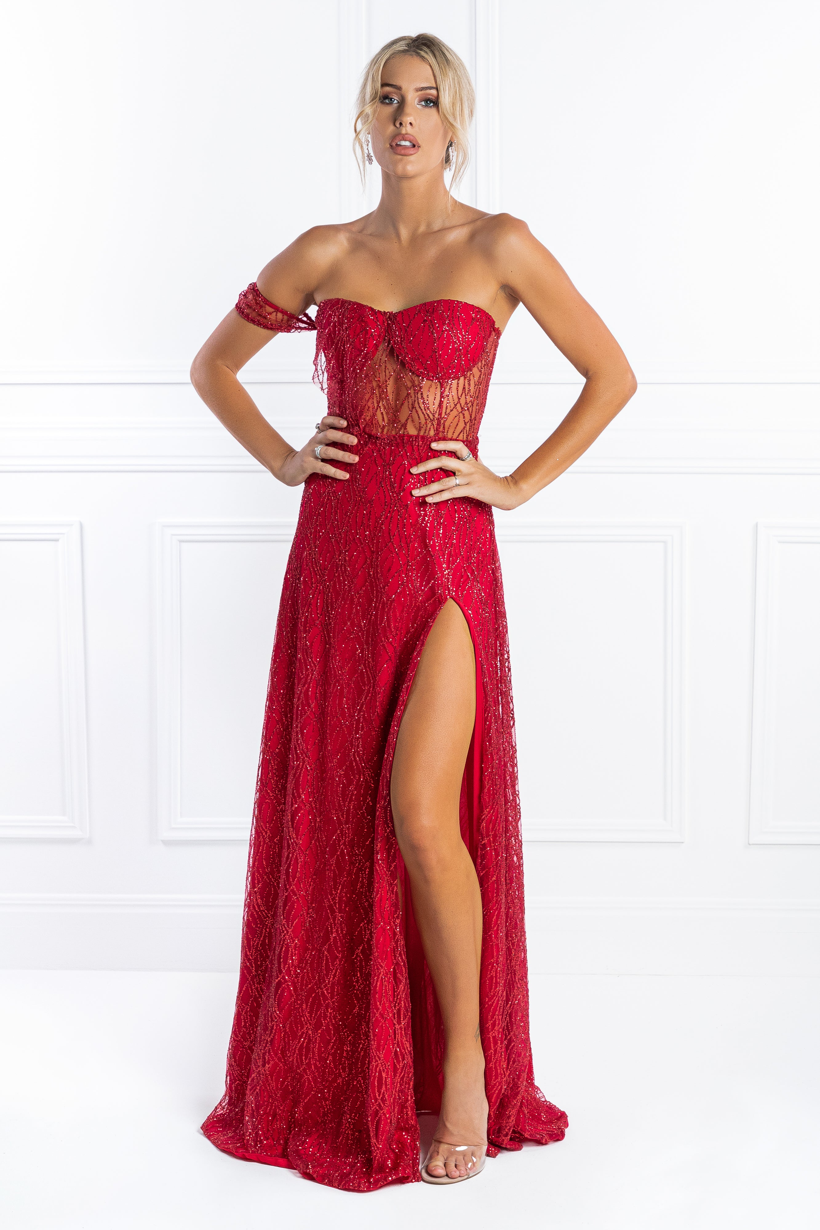 Honey Couture MARA Red Glitter One Sleeve Evening Gown Dress Honey Couture$ AfterPay Humm ZipPay LayBuy Sezzle