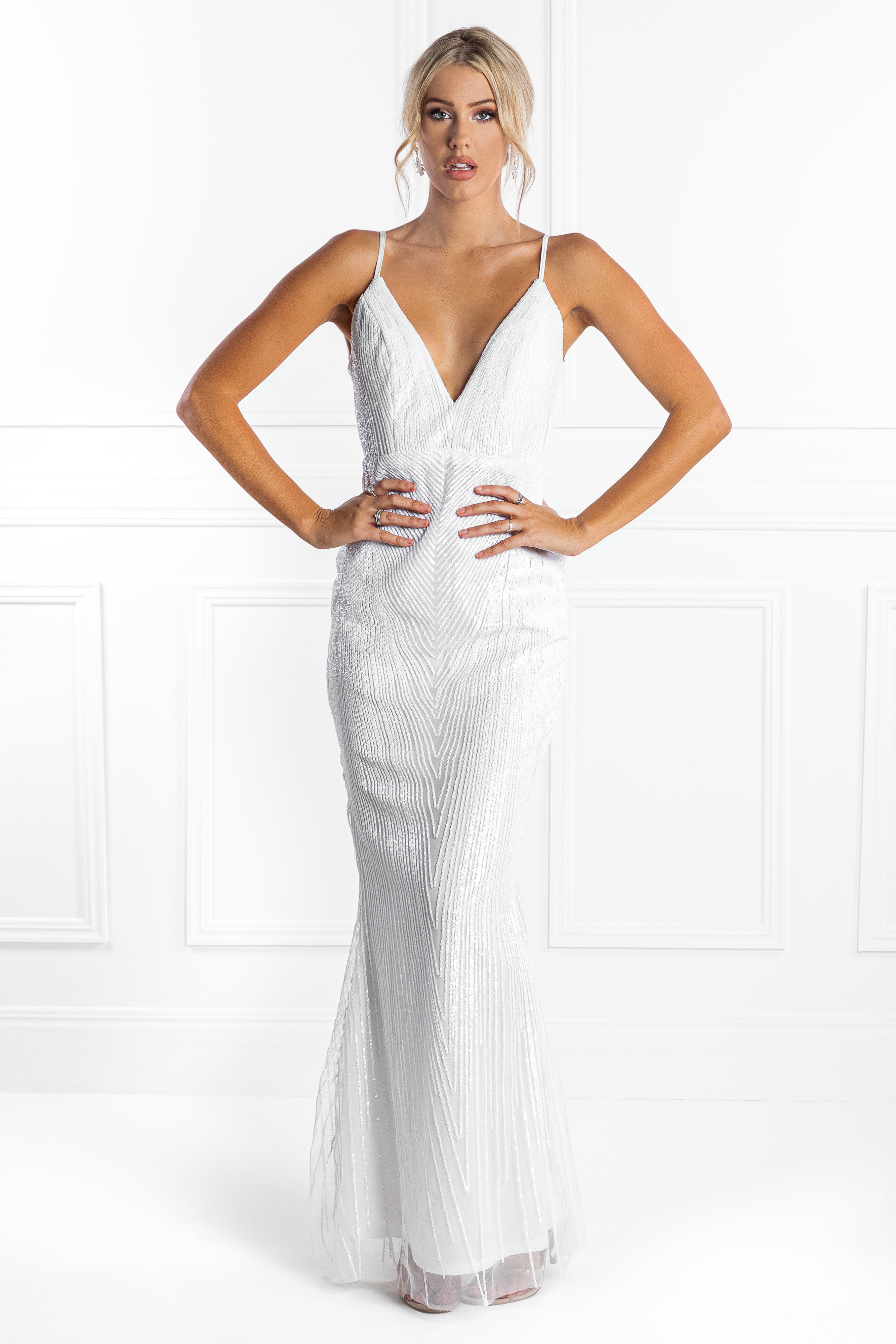 Honey Couture JAYLEN White Sequin Low Back Evening Gown Dress Honey Couture$ AfterPay Humm ZipPay LayBuy Sezzle