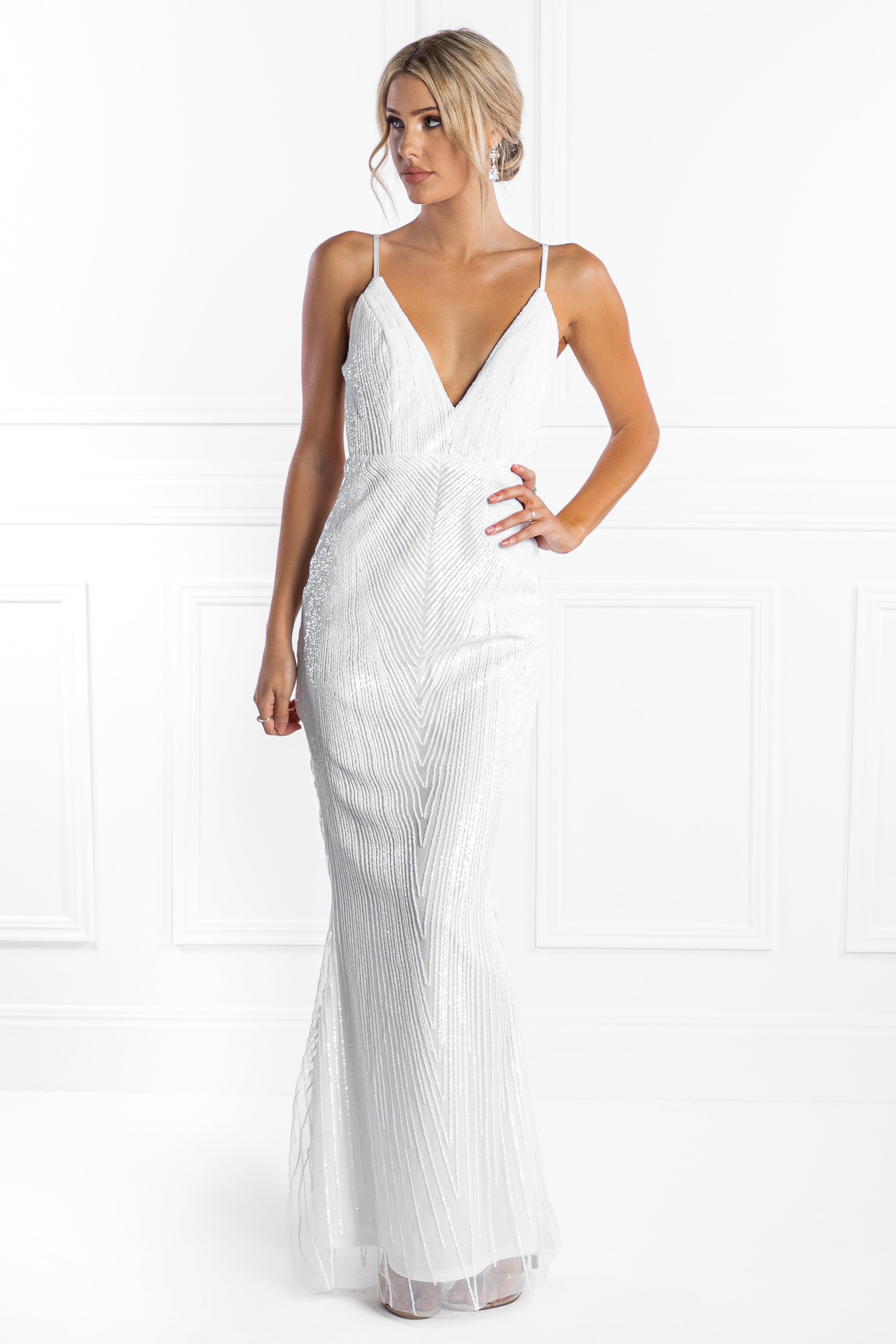 Honey Couture JAYLEN White Sequin Low Back Evening Gown Dress Honey Couture$ AfterPay Humm ZipPay LayBuy Sezzle