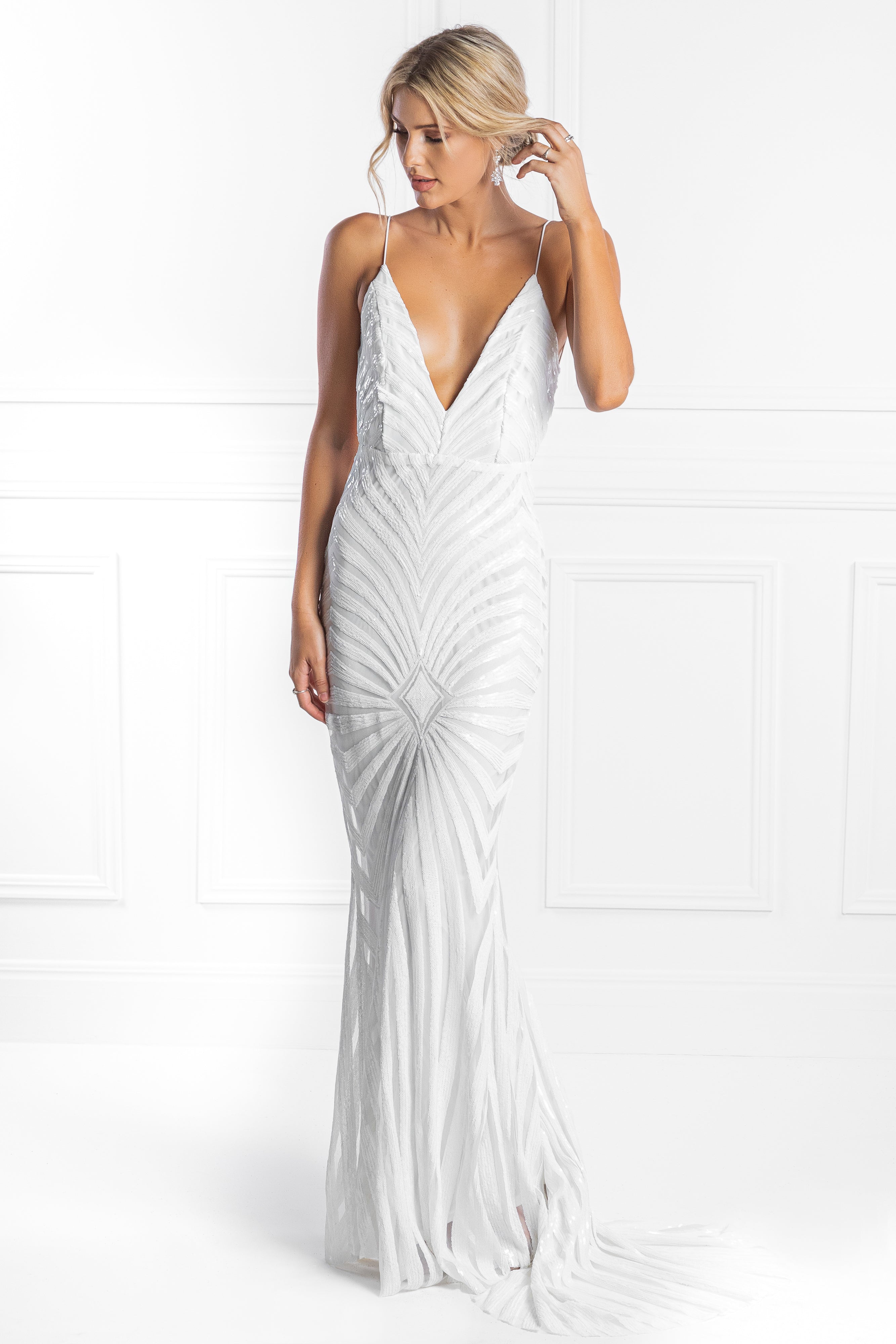 Honey Couture TILDA White Low Back Sequin Mermaid Formal Gown Dress {vendor} AfterPay Humm ZipPay LayBuy Sezzle