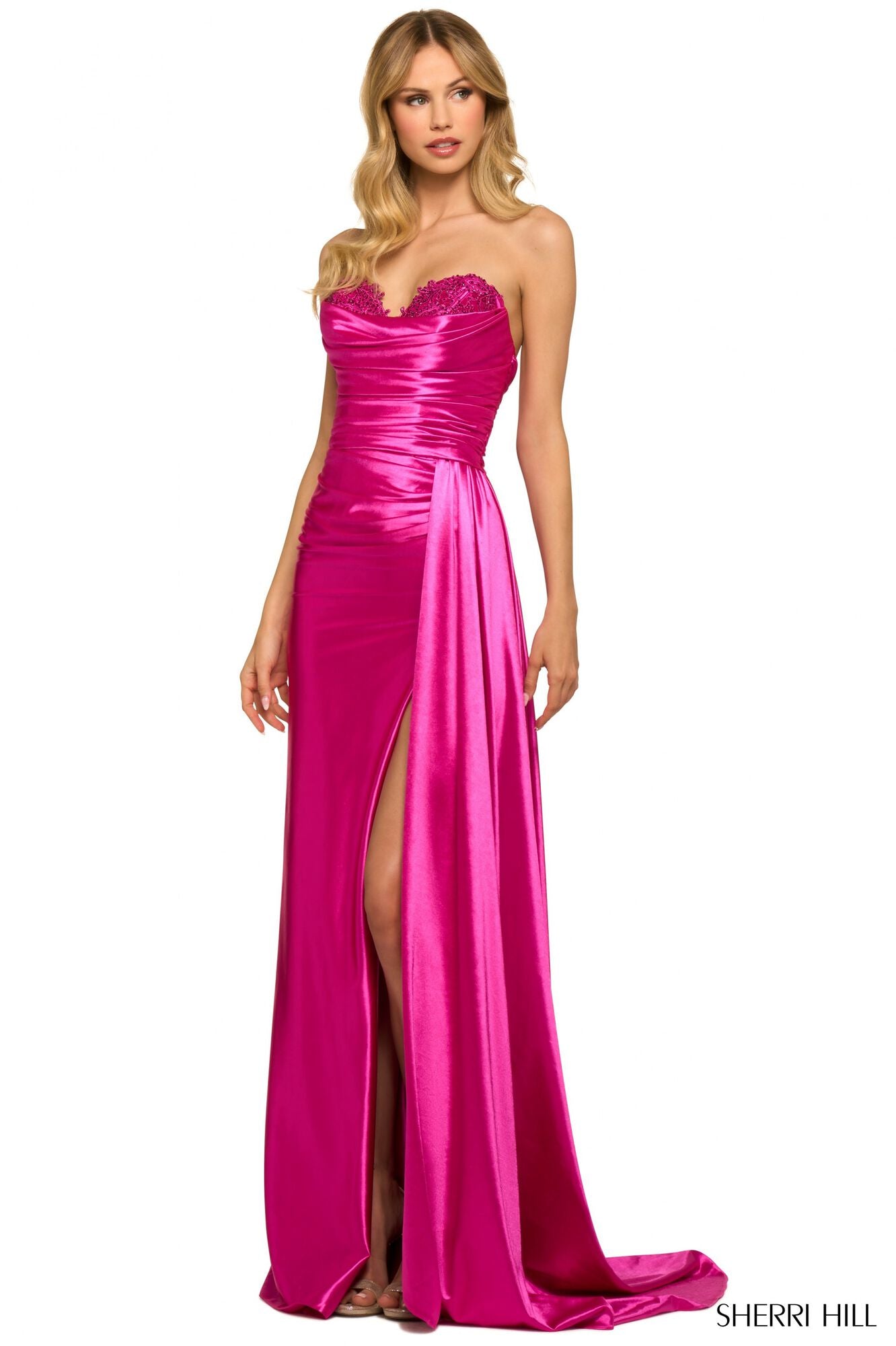 Sherri Hill 55230 Fuchsia Silky Strapless Diamante Detail Leg Split Mermaid Formal Dress