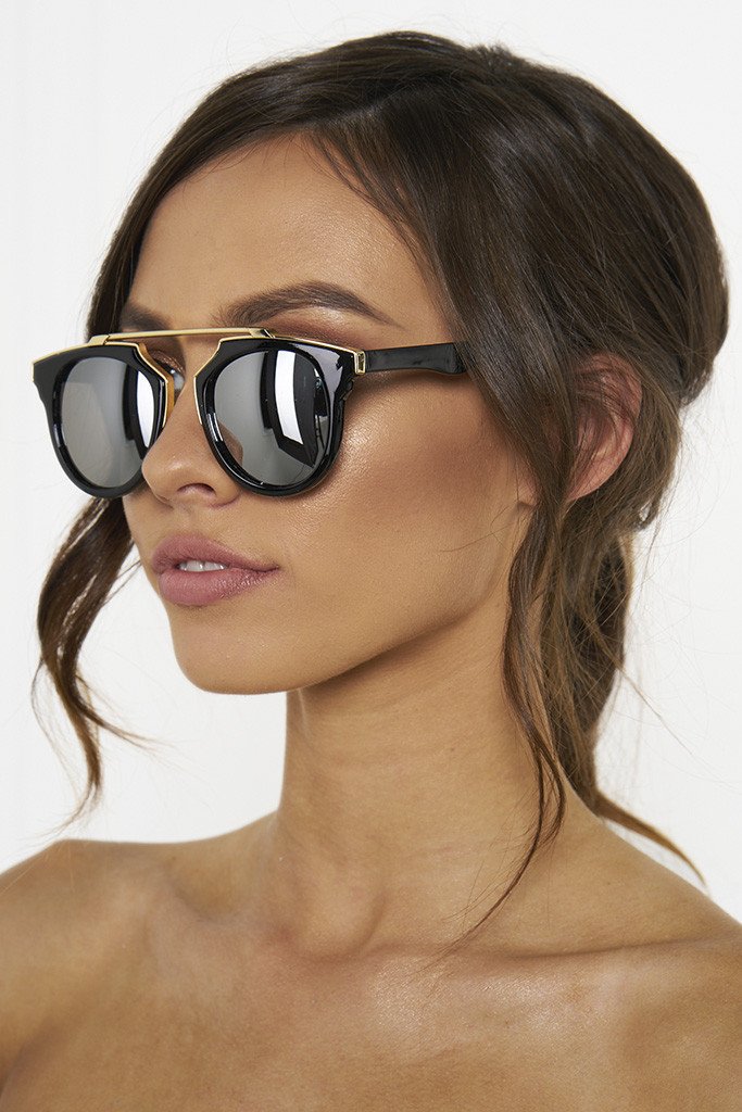 Honey Couture STACEY Gold &amp; Black Frame Silver Reflective Sunglasses Honey Couture Sunglasses$ AfterPay Humm ZipPay LayBuy Sezzle