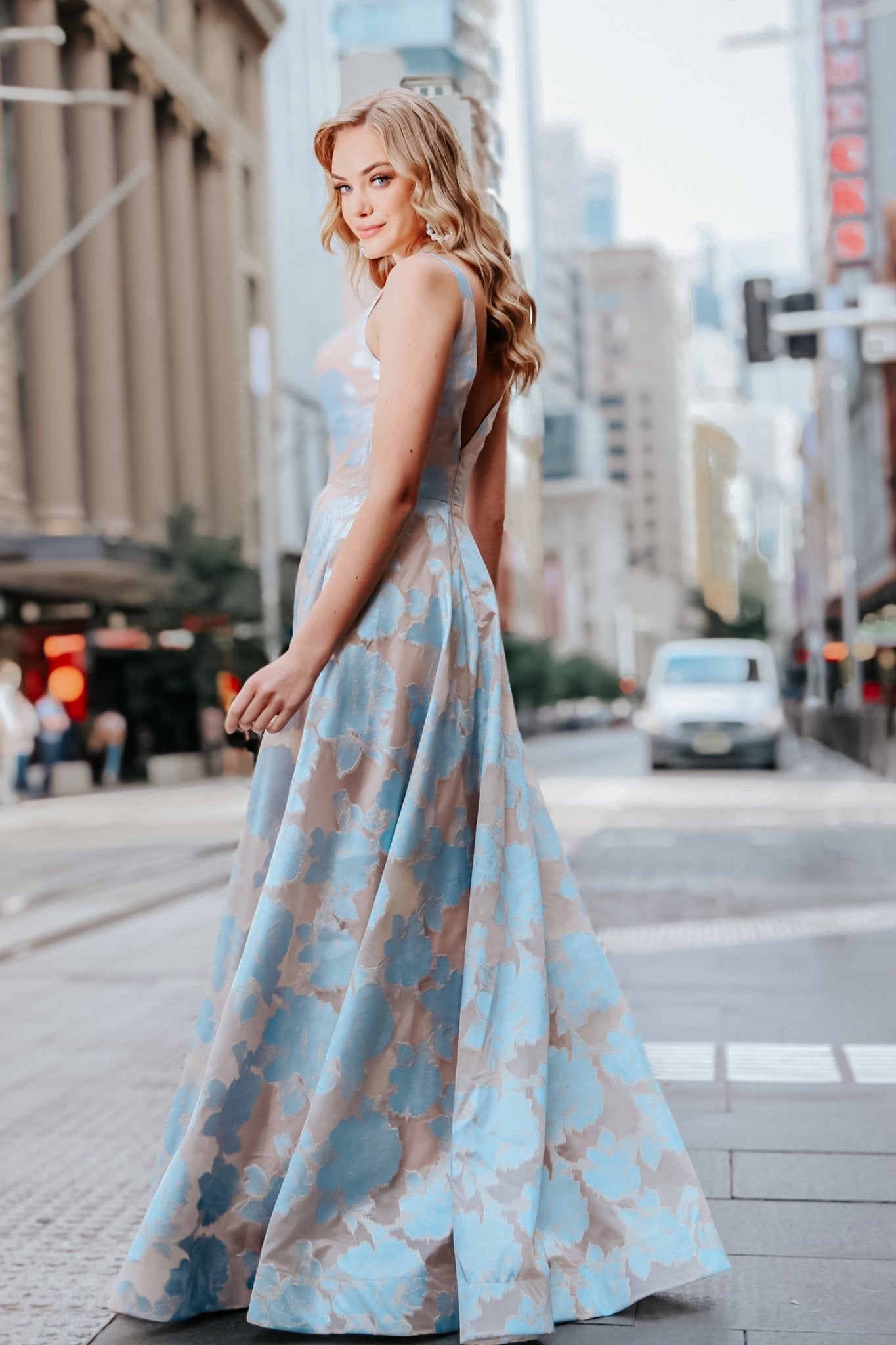 Tina Holly Couture T1120 Pastel Blue Pattern Strapless Ballgown Formal Dress in Australia | One Honey Boutique
