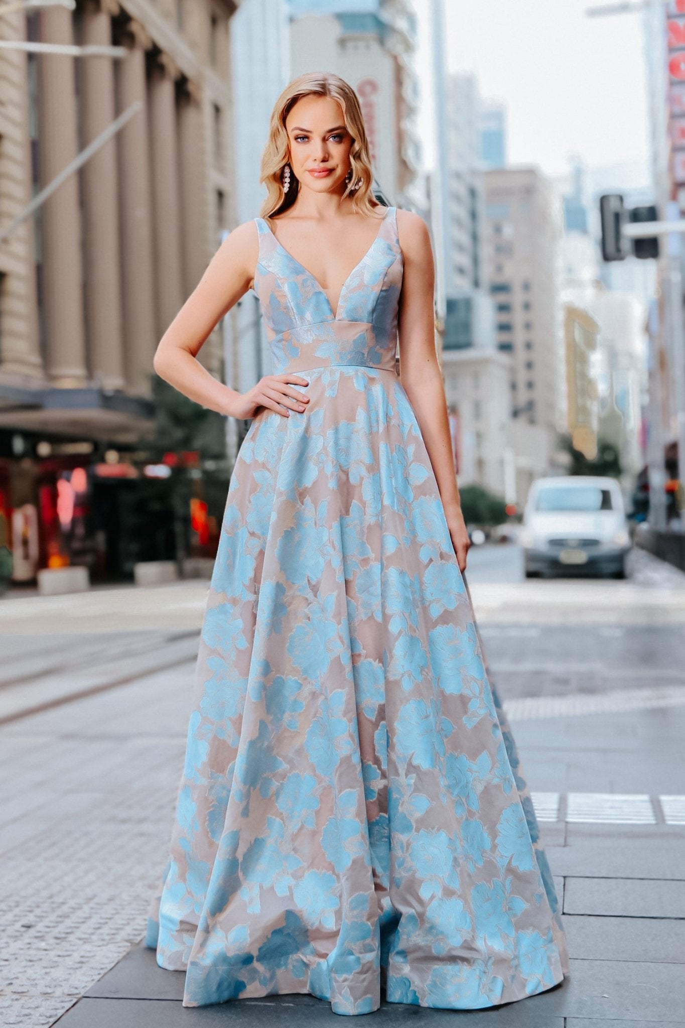 Tina Holly Couture T1120 Pastel Blue Pattern Strapless Ballgown Formal Dress in Australia | One Honey Boutique