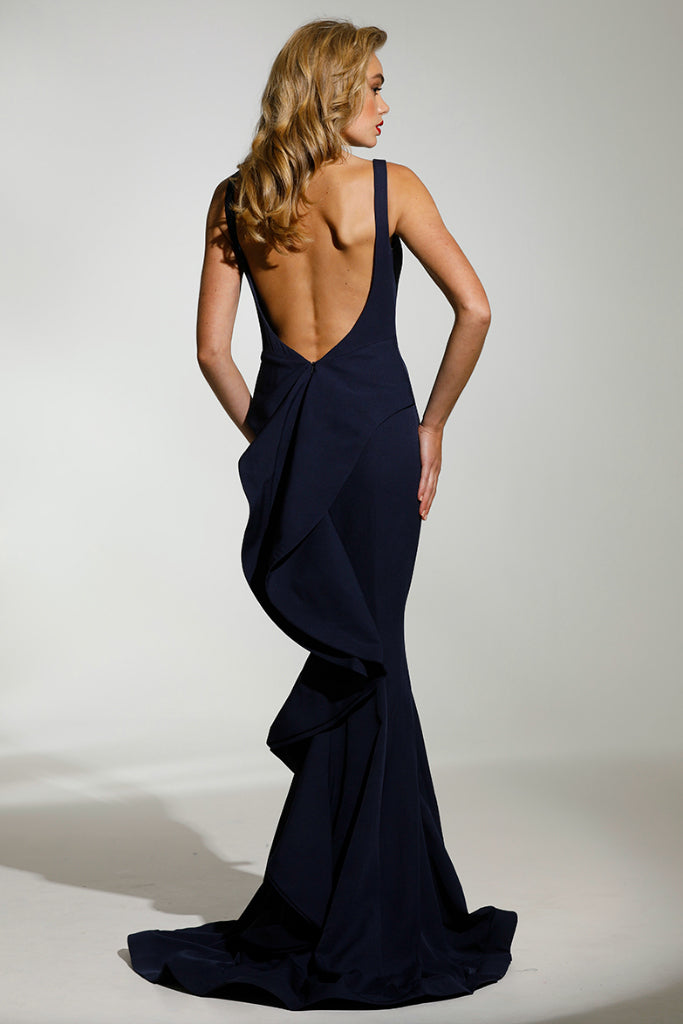Tinaholy Couture T1708 Navy Blue Deep V Neckline w a Drape Back Formal Gown Dress Tina Holly Couture$ AfterPay Humm ZipPay LayBuy Sezzle