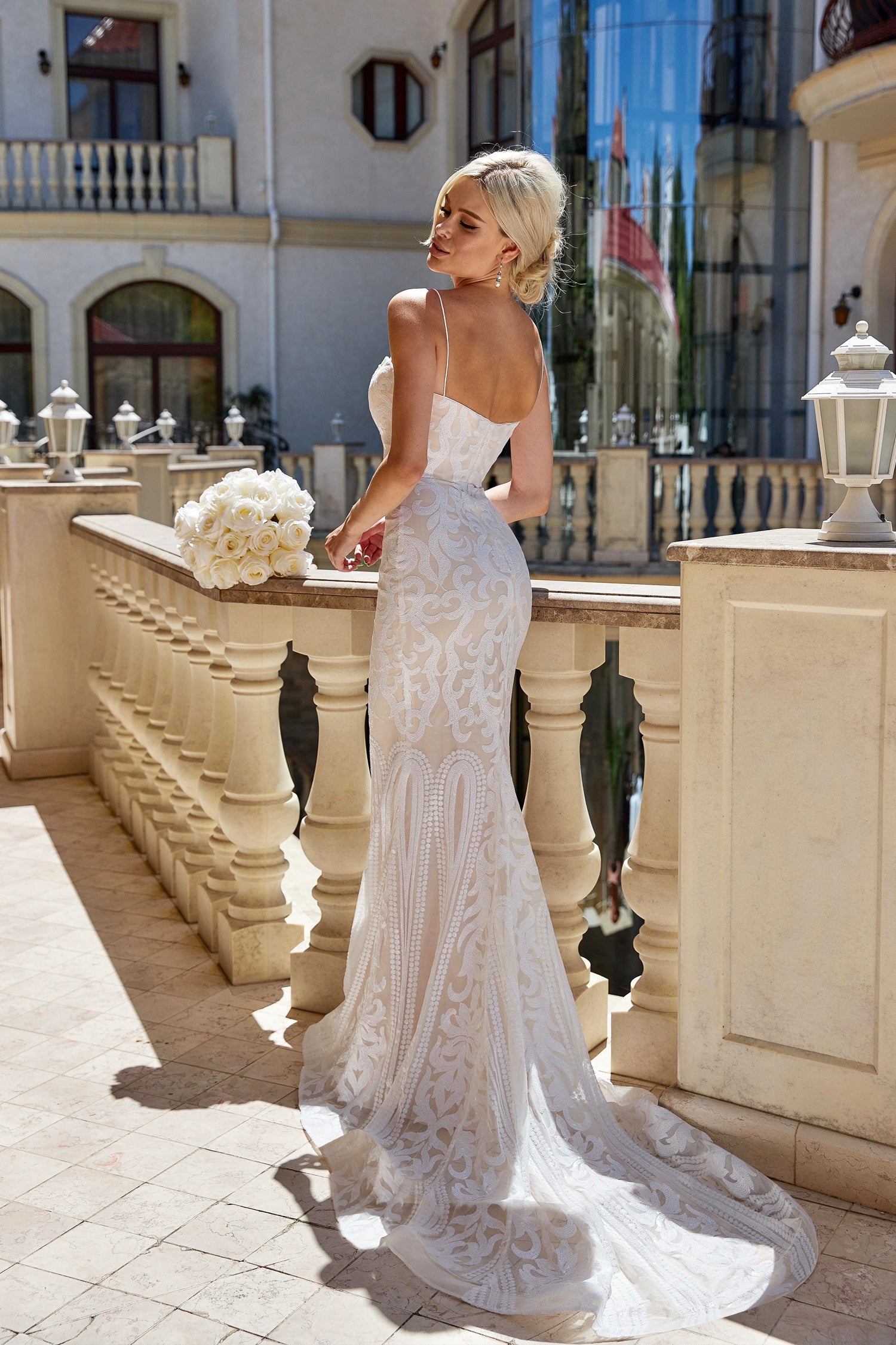 Tina Holly Couture T17101W White and Ivory Sequin Thin Strap Gown