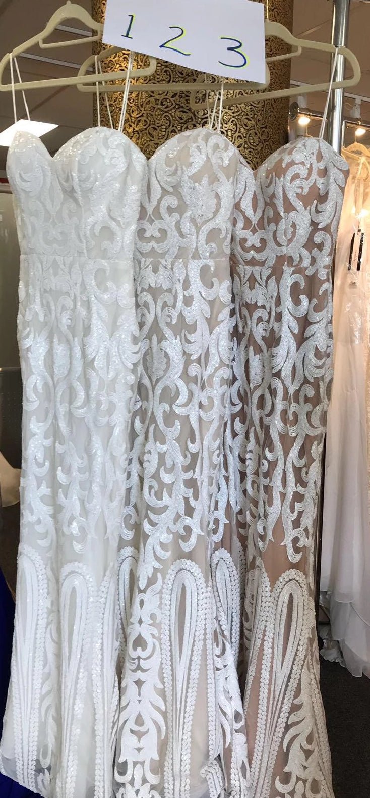 fitted lace wedding dress Tina Holly Couture T17101 White Nude Sequin Thin Strap Gown