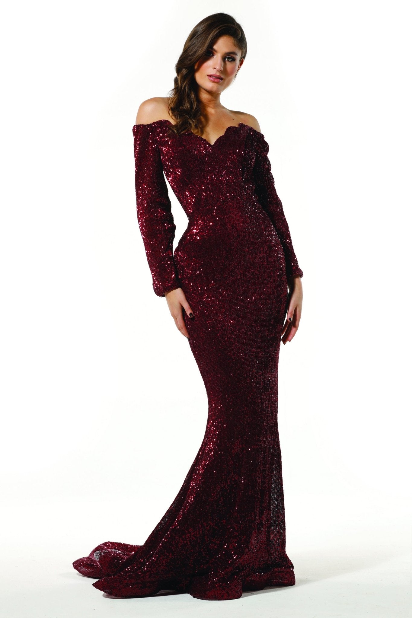 Tina Holly Couture T1842 Wine Beaded Sequin Mermaid Train Formal Gown Prom Dress in Australia | One Honey Boutique