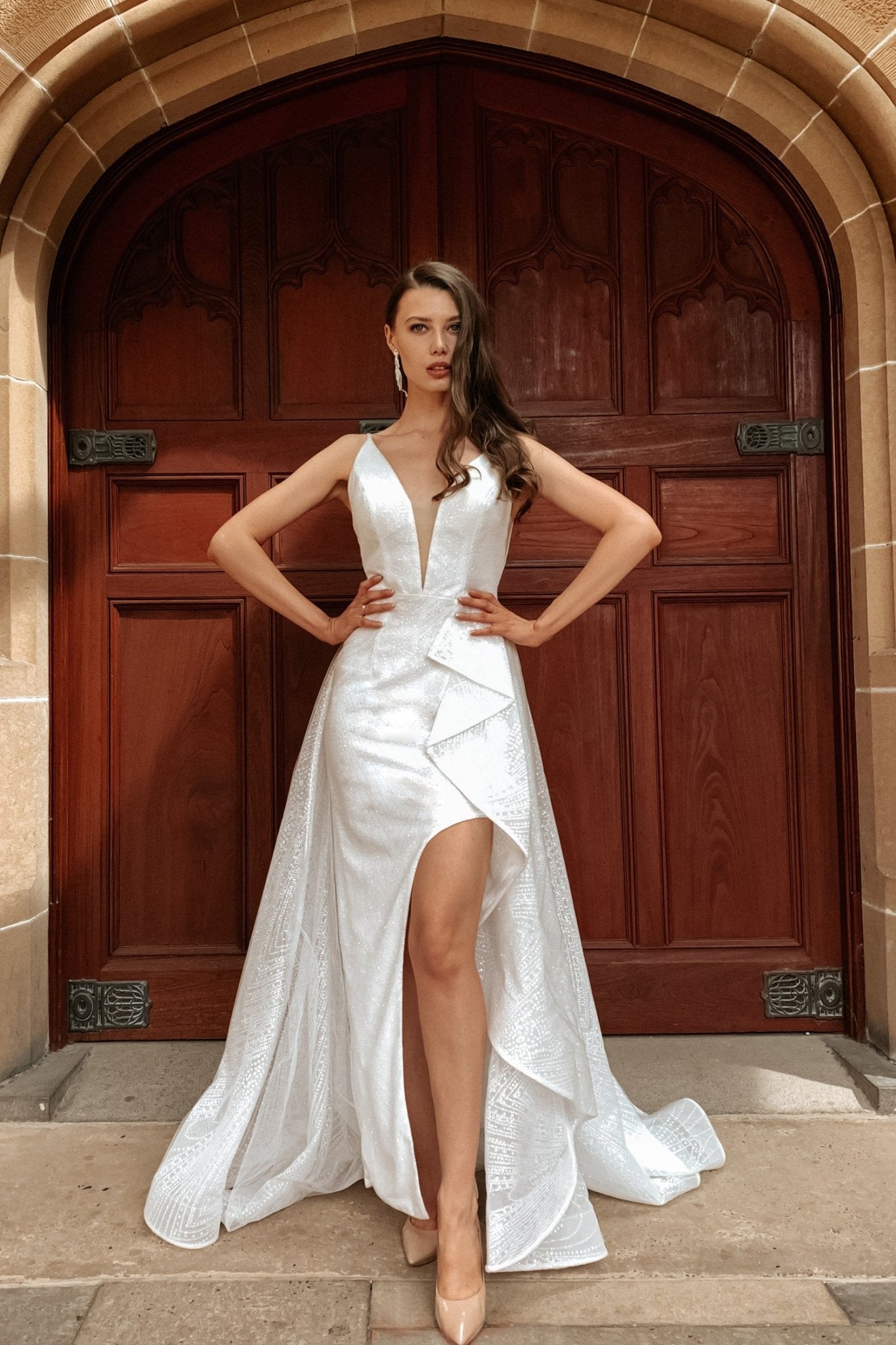 Tina Holly Couture T1844 White Glitter Deep V Bridal Formal Dress in Australia | One Honey Boutique