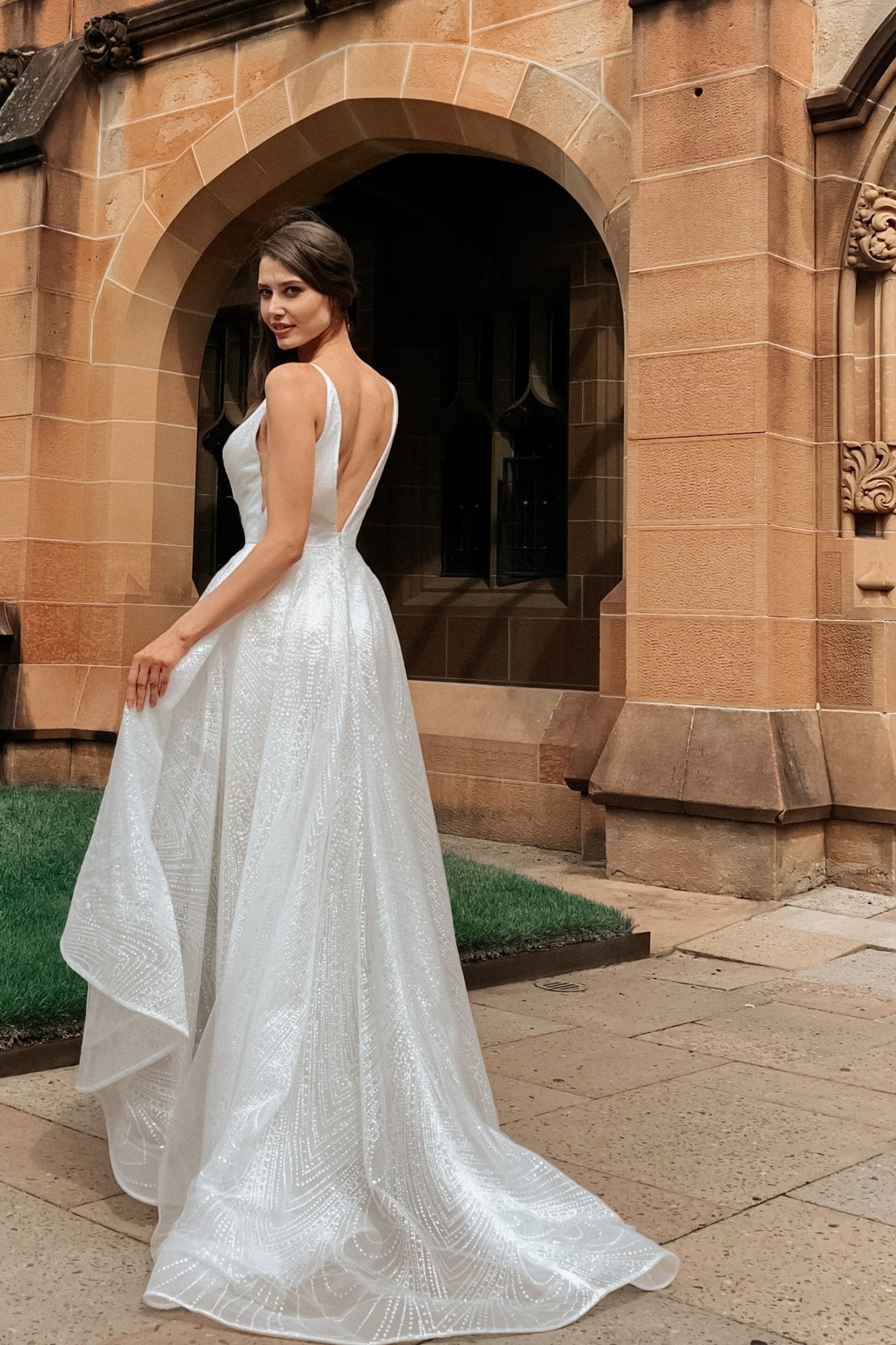 Tina Holly Couture T1844 White Glitter Deep V Bridal Formal Dress in Australia | One Honey Boutique