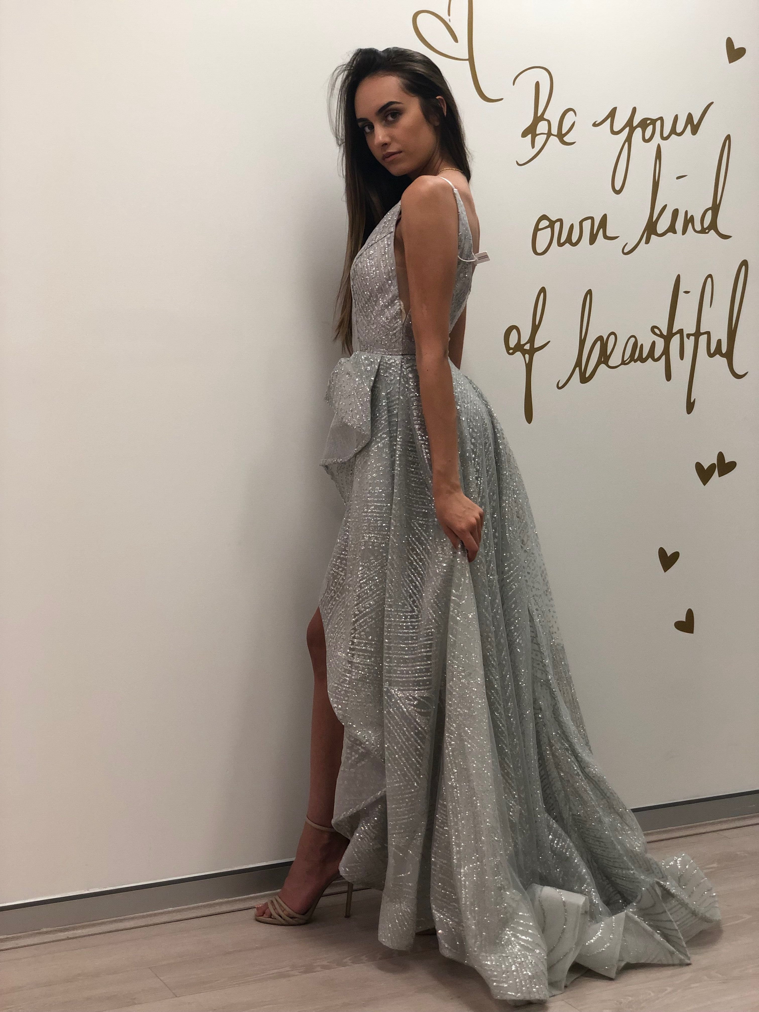 Tinaholy Couture T1844 Silver Grey Glitter Drape Mermaid Formal Gown Prom Dress Tina Holly Couture$ AfterPay Humm ZipPay LayBuy Sezzle