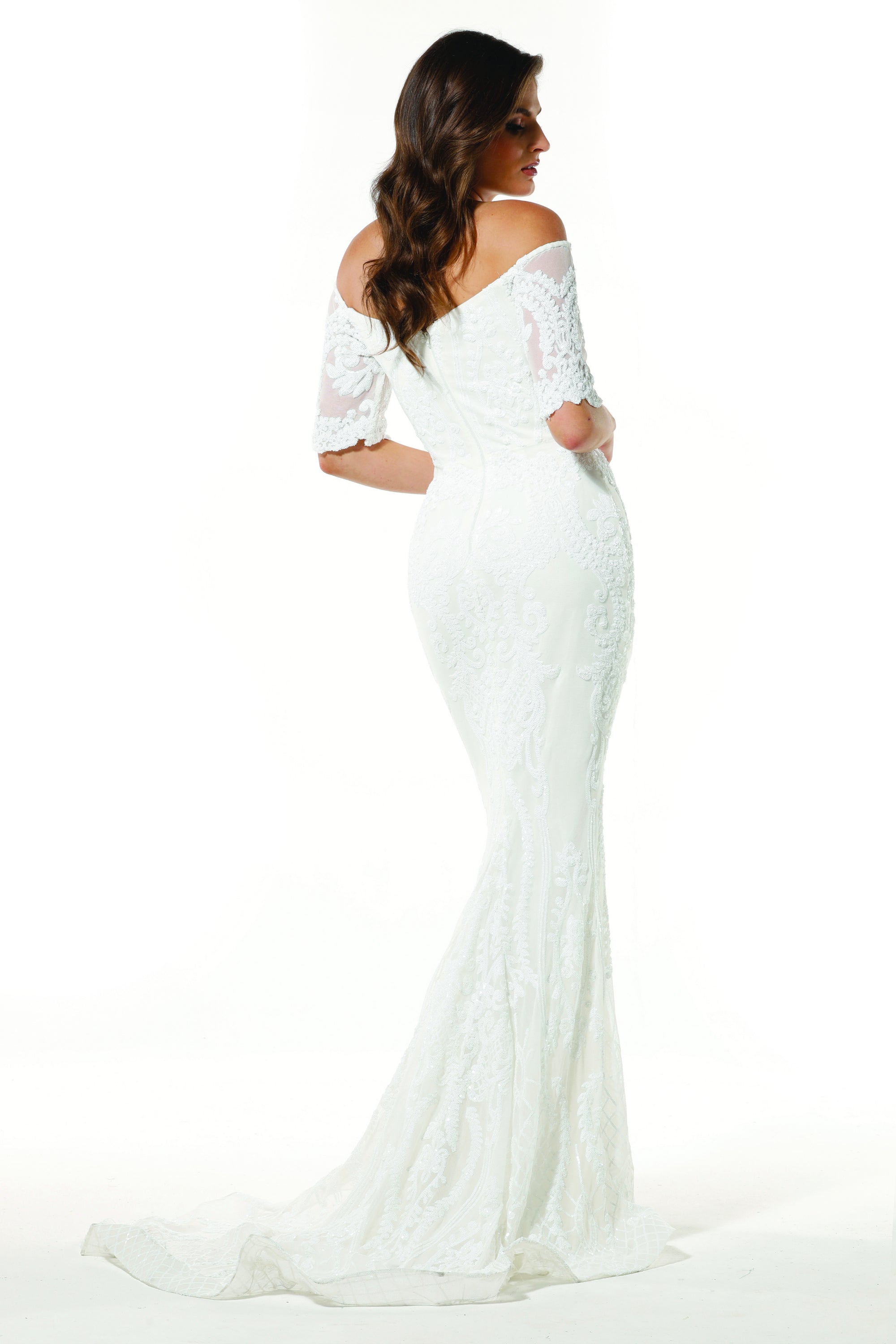 Tinaholy Couture Designer T19005 White Stretch Sequin Formal Wedding Gown Dress Tina Holly Couture$ AfterPay Humm ZipPay LayBuy Sezzle