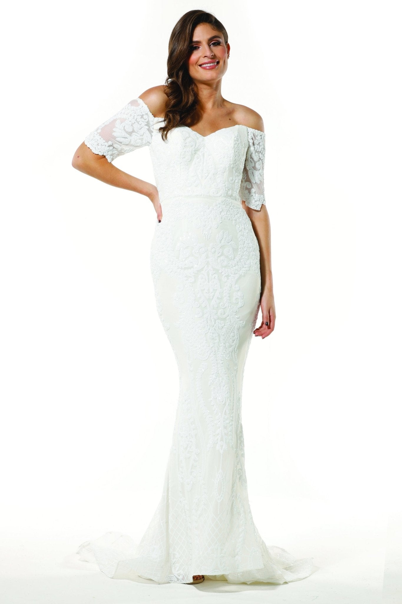 Tina Holly Couture Designer T19005 White Stretch Sequin Formal Wedding Gown Dress in Australia | One Honey Boutique