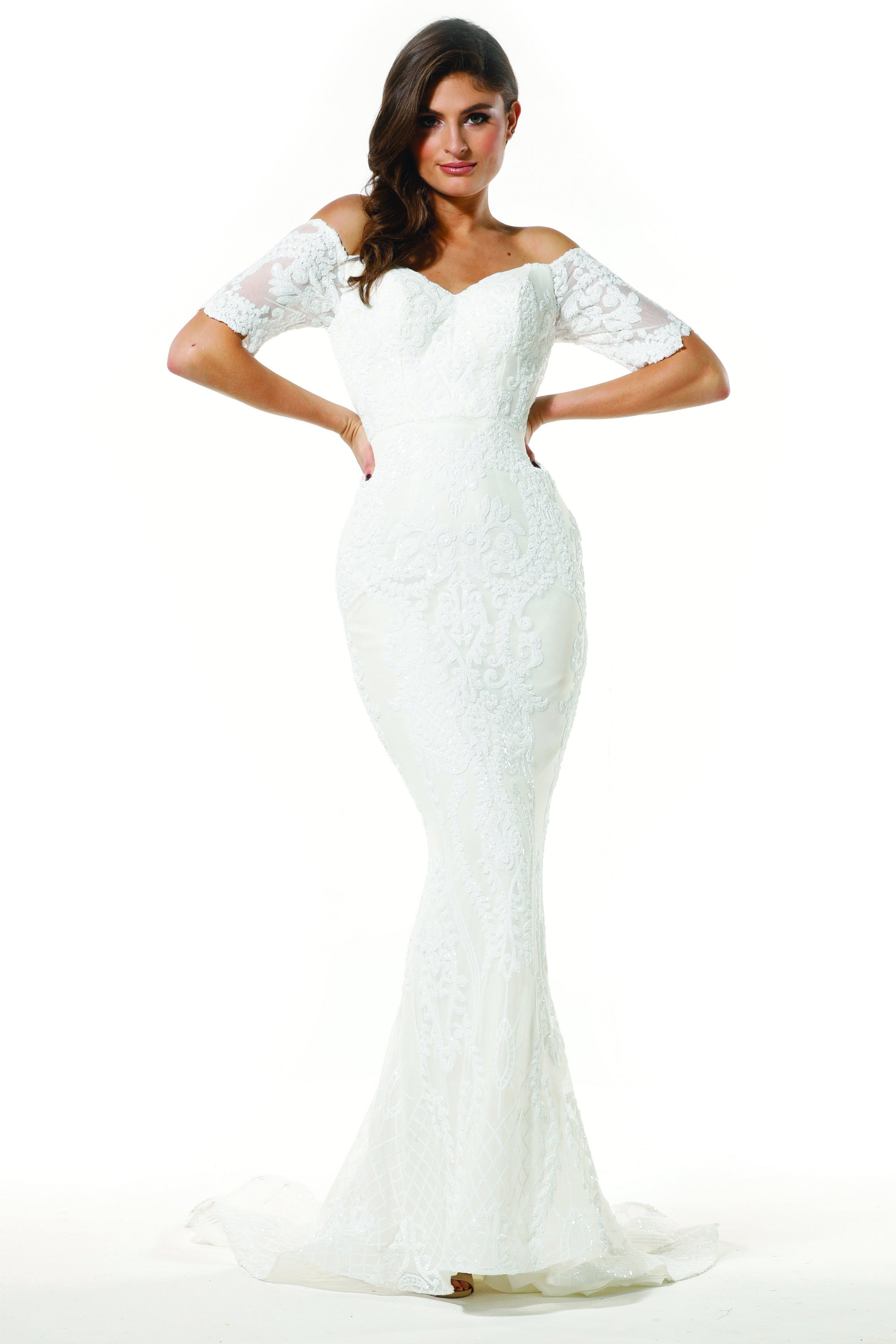 Tinaholy Couture Designer T19005 White Stretch Sequin Formal Wedding Gown Dress Tina Holly Couture$ AfterPay Humm ZipPay LayBuy Sezzle