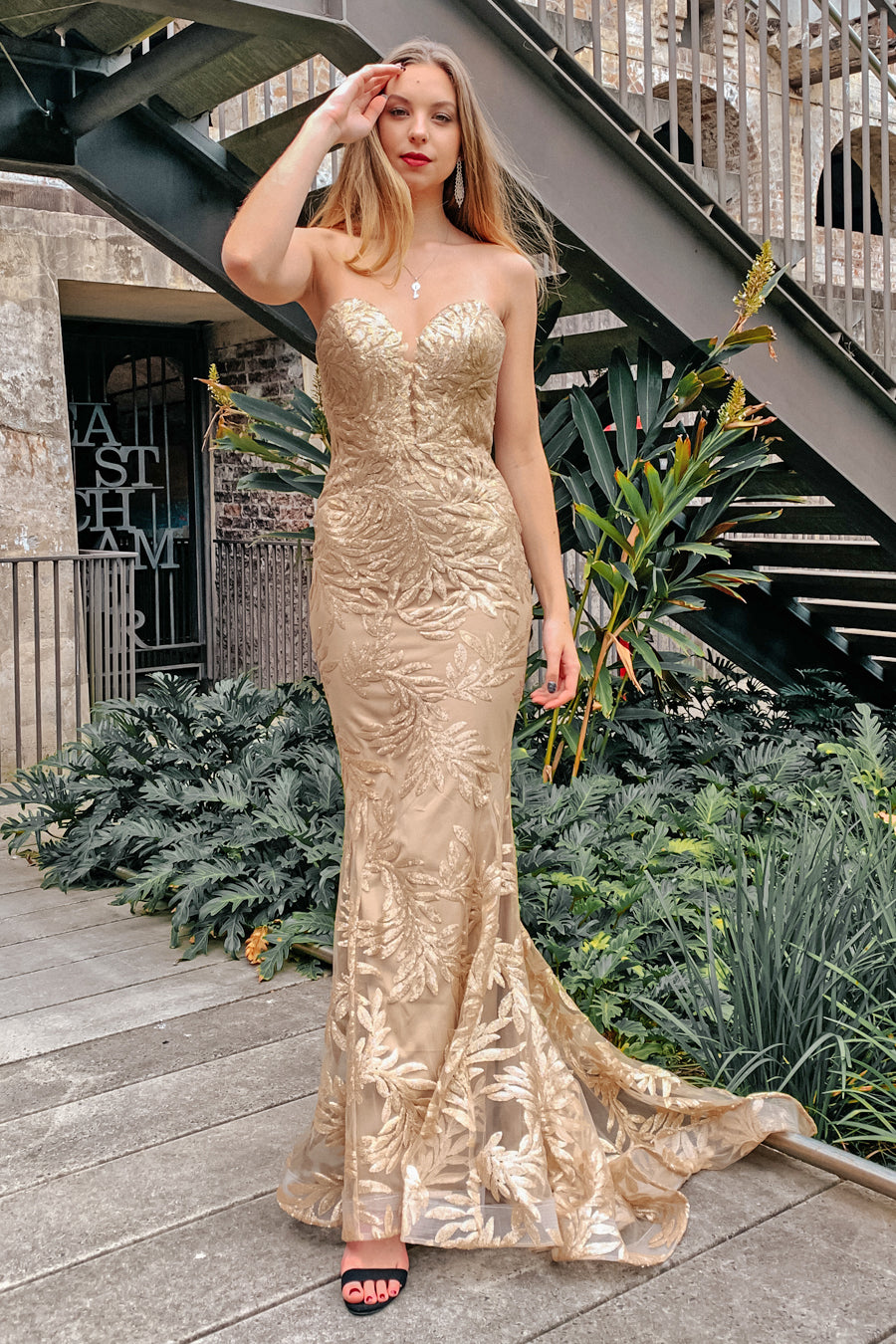 Tina Holly Couture TA107 Gold Sequin &amp; Mesh Strapless Mermaid Formal Dress {vendor} AfterPay Humm ZipPay LayBuy Sezzle