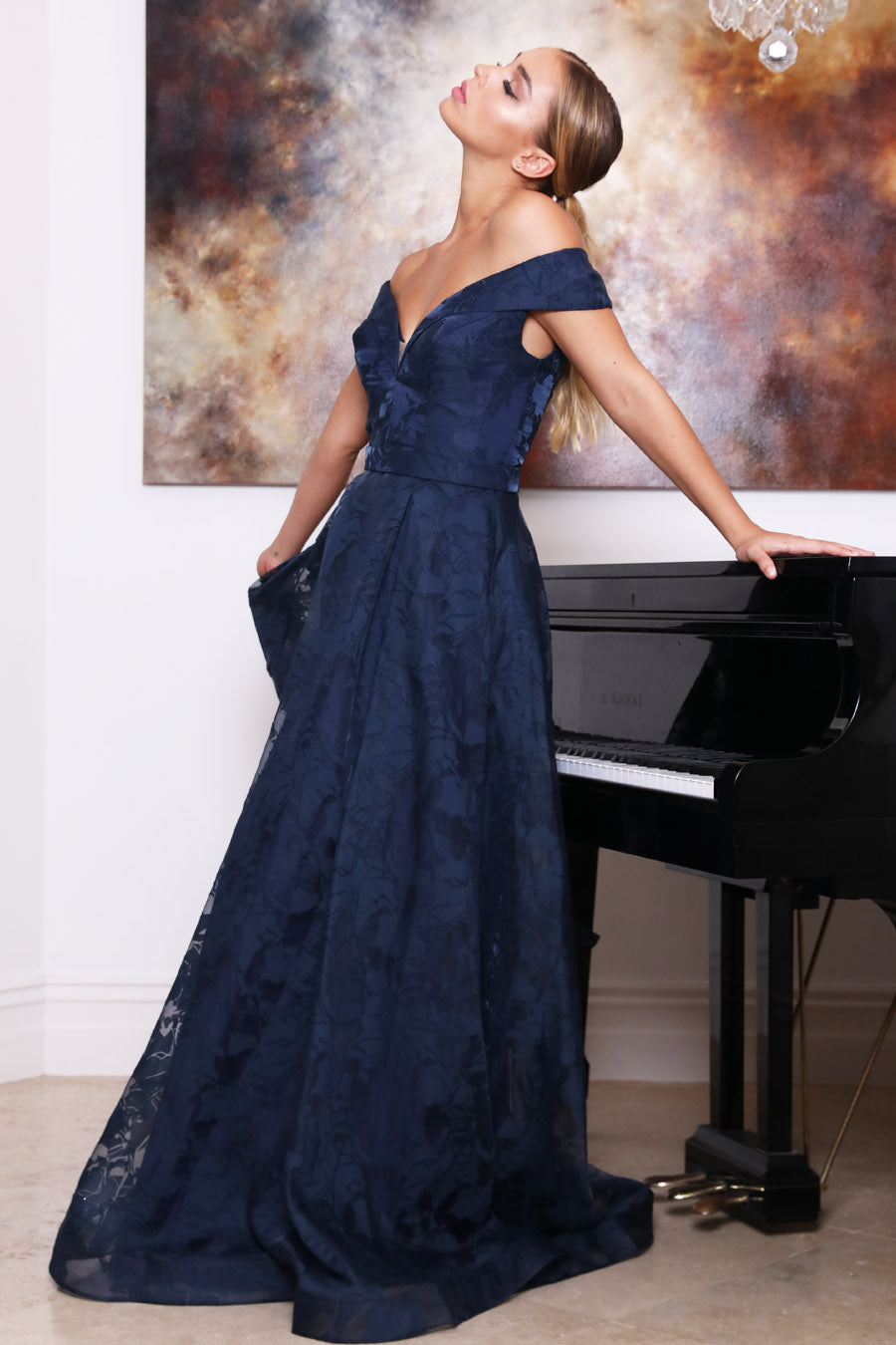 Tina Holly Couture Designer TA131 Navy Blue Off Shoulder Formal Dress {vendor} AfterPay Humm ZipPay LayBuy Sezzle