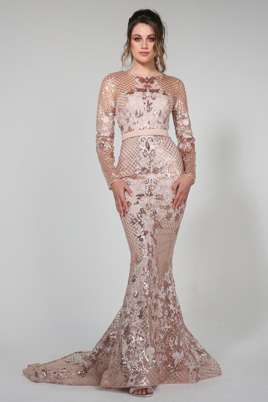 Tina Holly Couture TA139 Rose Gold Sequin Long Sleeve Mermaid Formal Dress {vendor} AfterPay Humm ZipPay LayBuy Sezzle