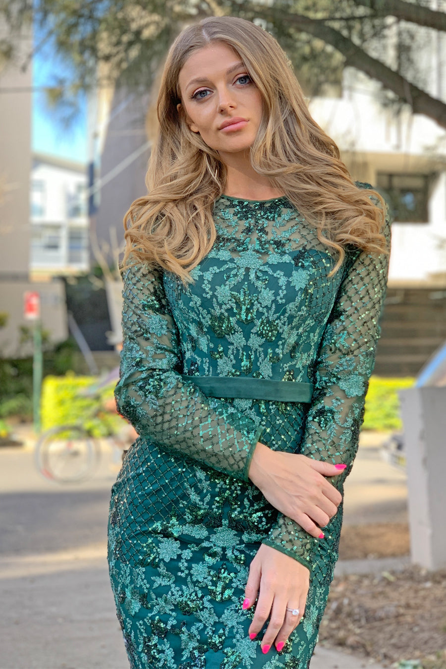 Tina Holly Couture TA139 Emerald Green Sequin Long Sleeve Mermaid Formal Dress {vendor} AfterPay Humm ZipPay LayBuy Sezzle