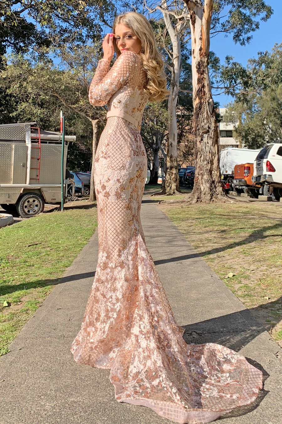 Tina Holly Couture TA139 Rose Gold Sequin Long Sleeve Mermaid Formal Dress {vendor} AfterPay Humm ZipPay LayBuy Sezzle