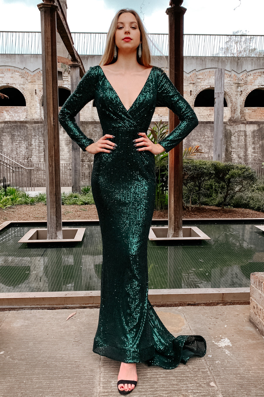 Tina Holly Couture Designer TA803 Emerald Green Long Sleeve Formal Dress {vendor} AfterPay Humm ZipPay LayBuy Sezzle
