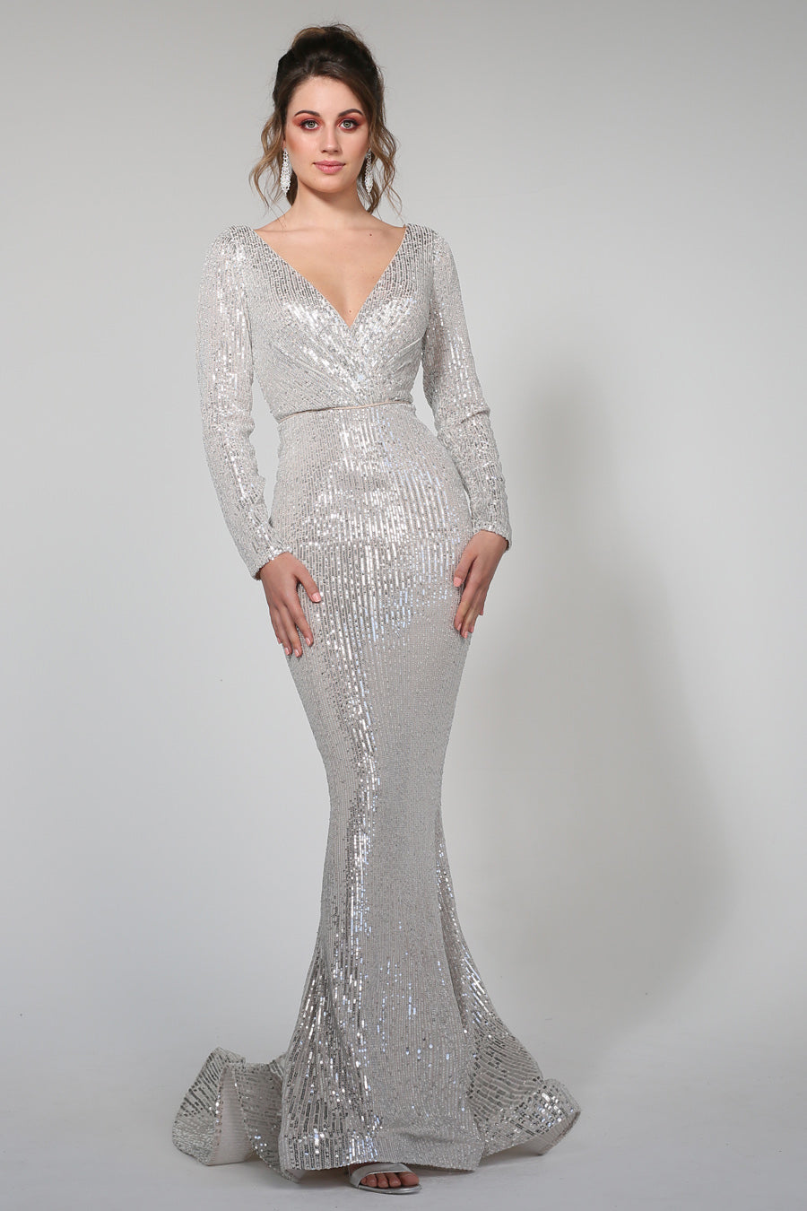 Tina Holly Couture Designer TA803 Silver  Long Sleeve Formal Dress {vendor} AfterPay Humm ZipPay LayBuy Sezzle