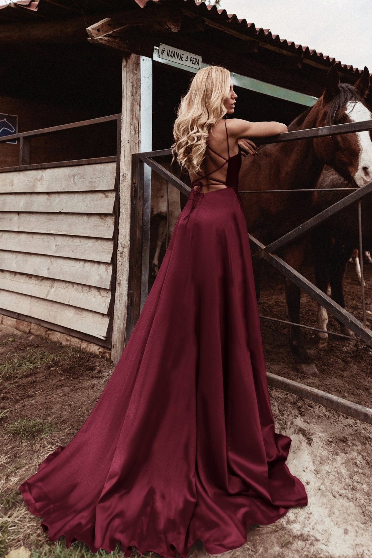 Tina Holly Couture TE001 Burgundy Satin Lace Up Back Formal Dress Burgundy / 18 AUS