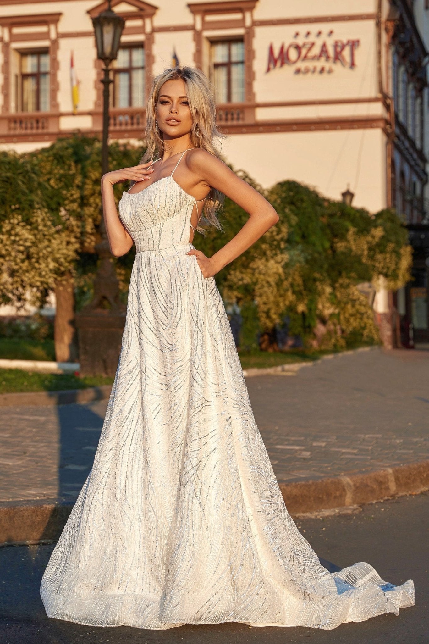 Tina Holly Couture TE321W Off White Lace Up Back With Sequins And Apron Neckline Wedding Dress in Australia | One Honey Boutique