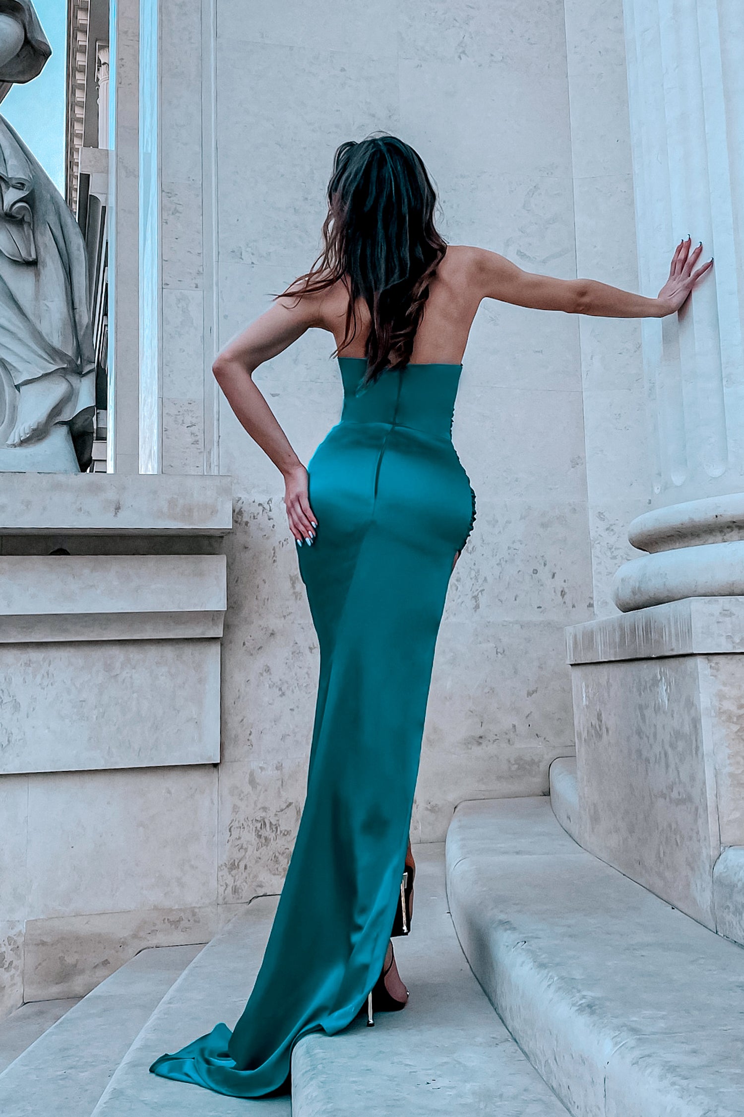 Tina Holly Couture TE345 Teal Silk Satin Asymmetrical Neck Line With A Ruched Side And High Leg Spilt Formal Dress