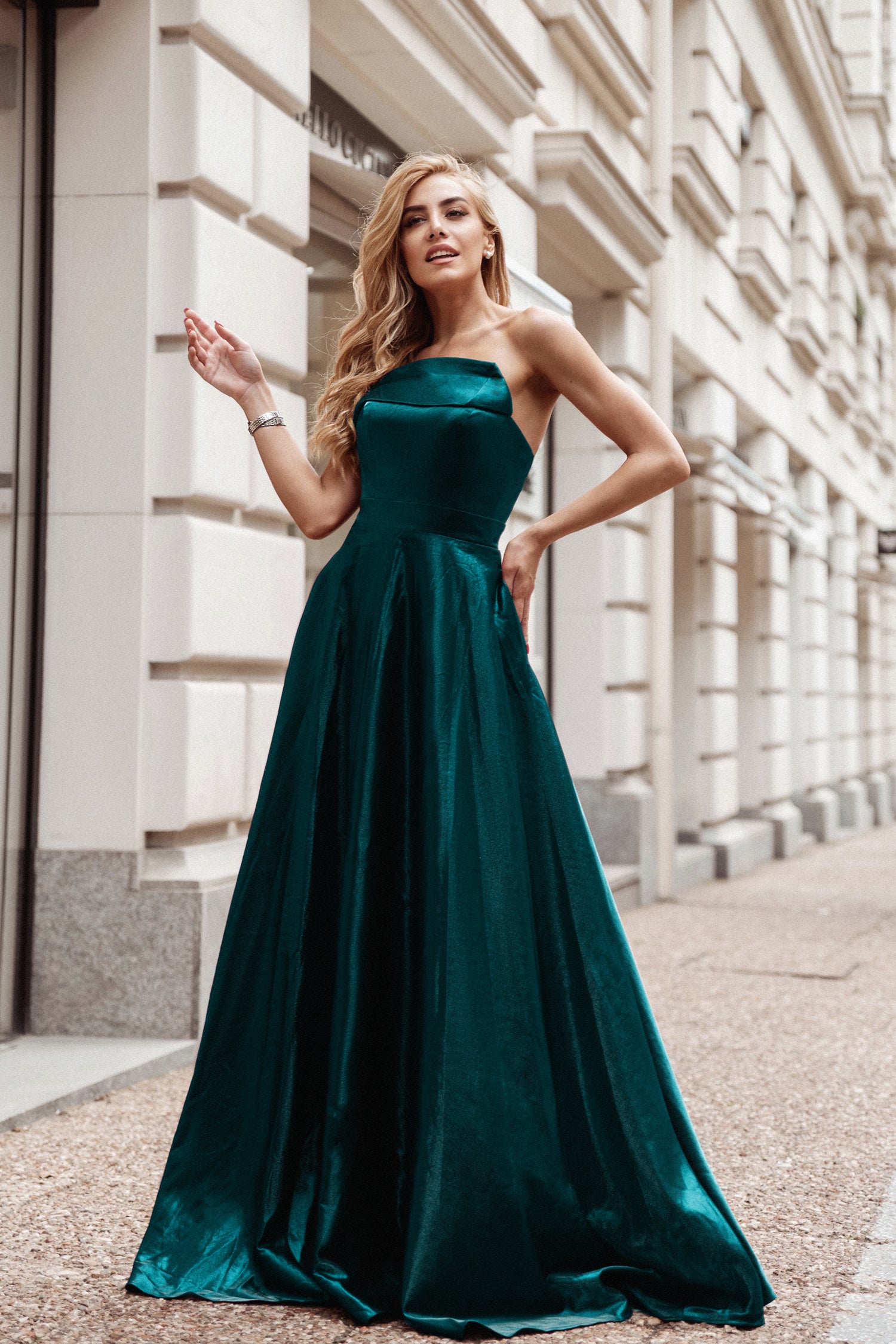 Tina Holly Couture TE720 Peacock Emerald Green Satin Asymmetrical Strapless Silky Formal Dress