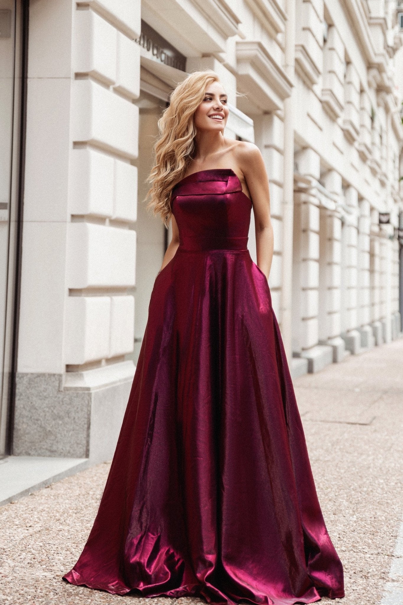 Tina Holly Couture TE720 Berry Satin Asymmetrical Strapless Silky Formal Dress in Australia | One Honey Boutique