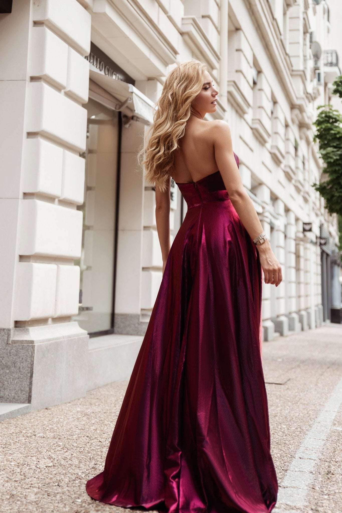 Tina Holly Couture TE720 Berry Satin Asymmetrical Strapless Silky Formal Dress in Australia | One Honey Boutique