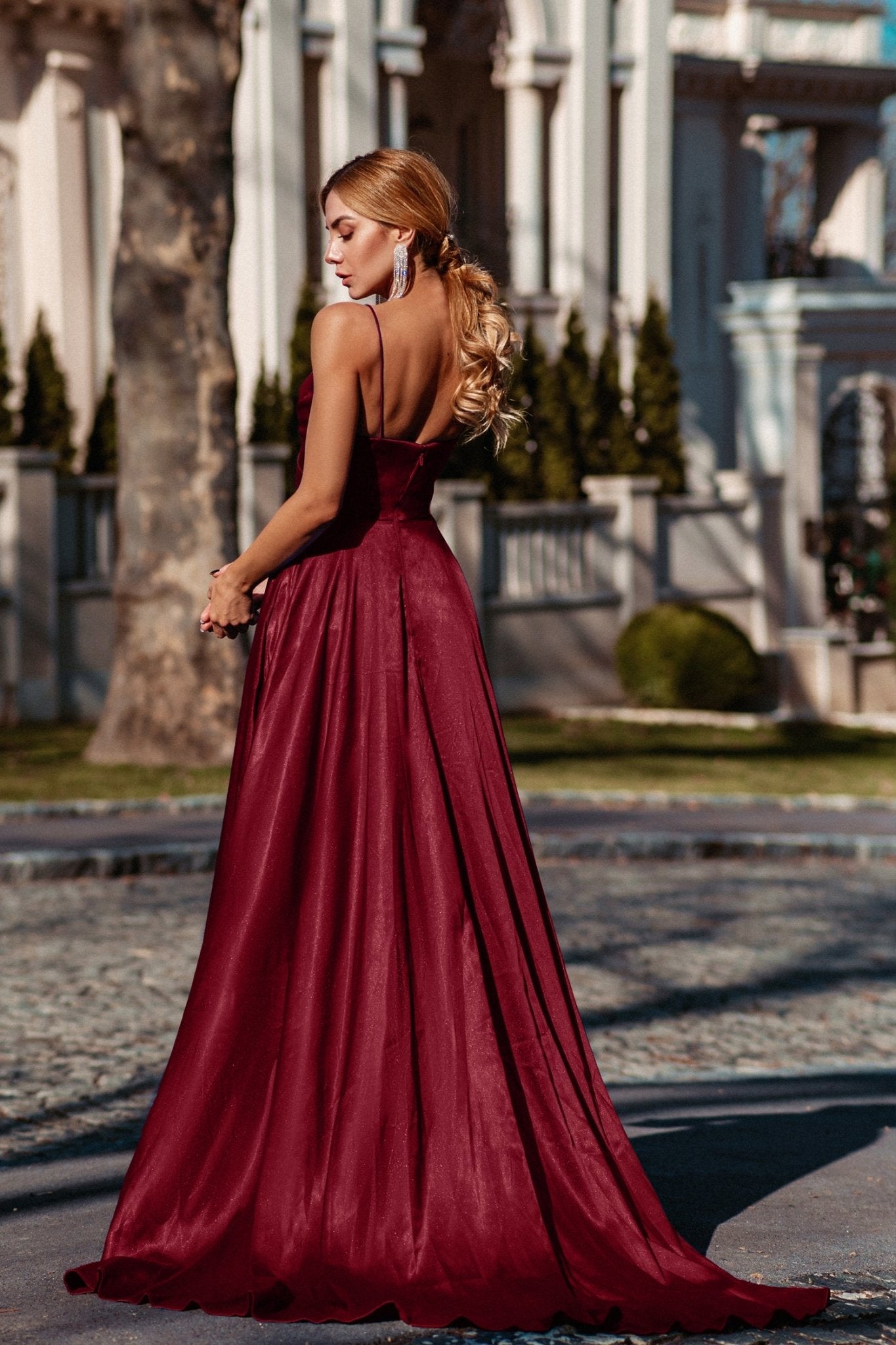 Tina Holly Couture Designer TH122 Wine Red Silky Formal Gown in Australia | One Honey Boutique