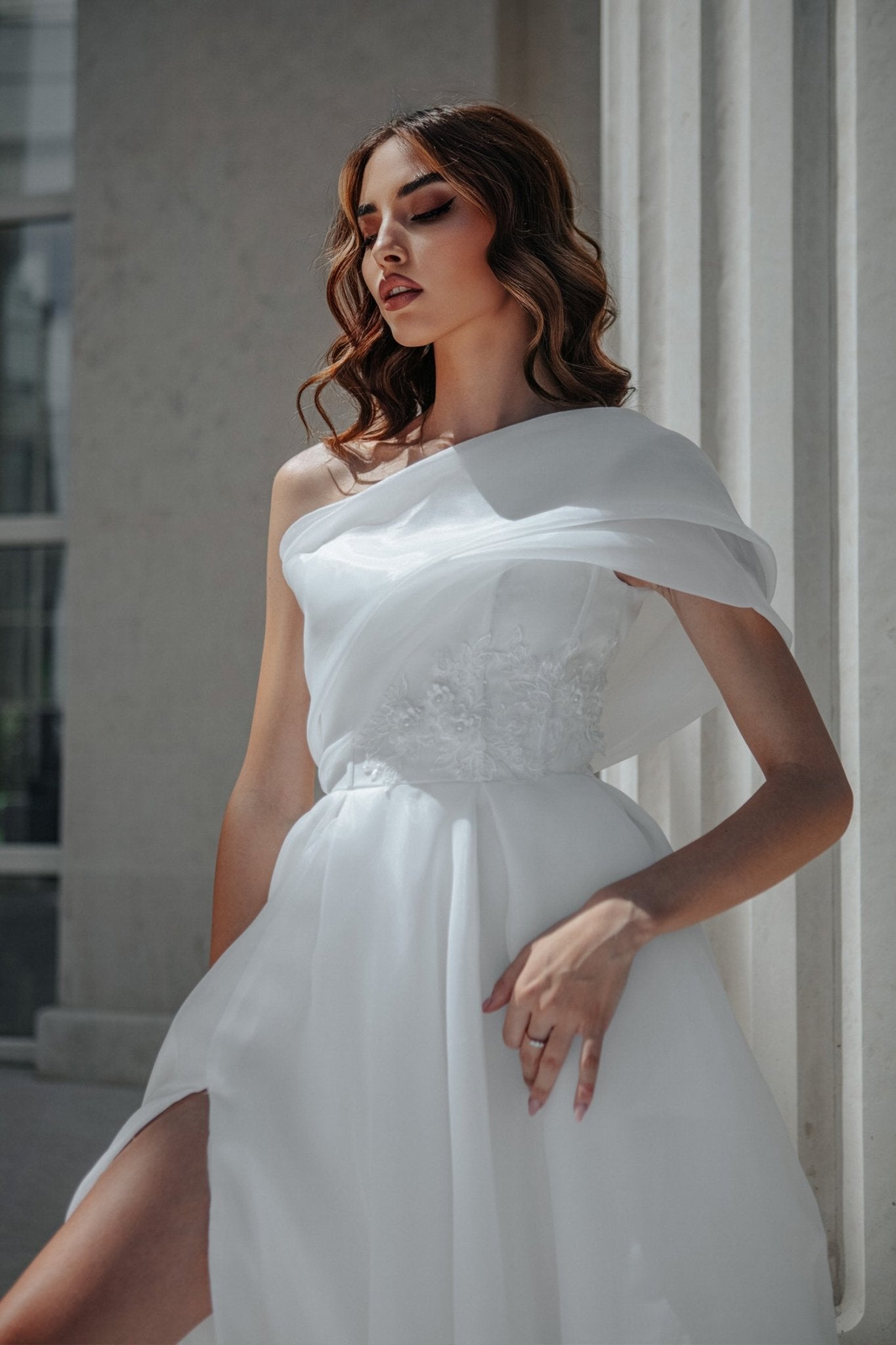 Tina Holly Couture TK012W Off White Off - the - Shoulder Asymmetrical With An A - line Skirt With Leg Spilt Dress in Australia | One Honey Boutique