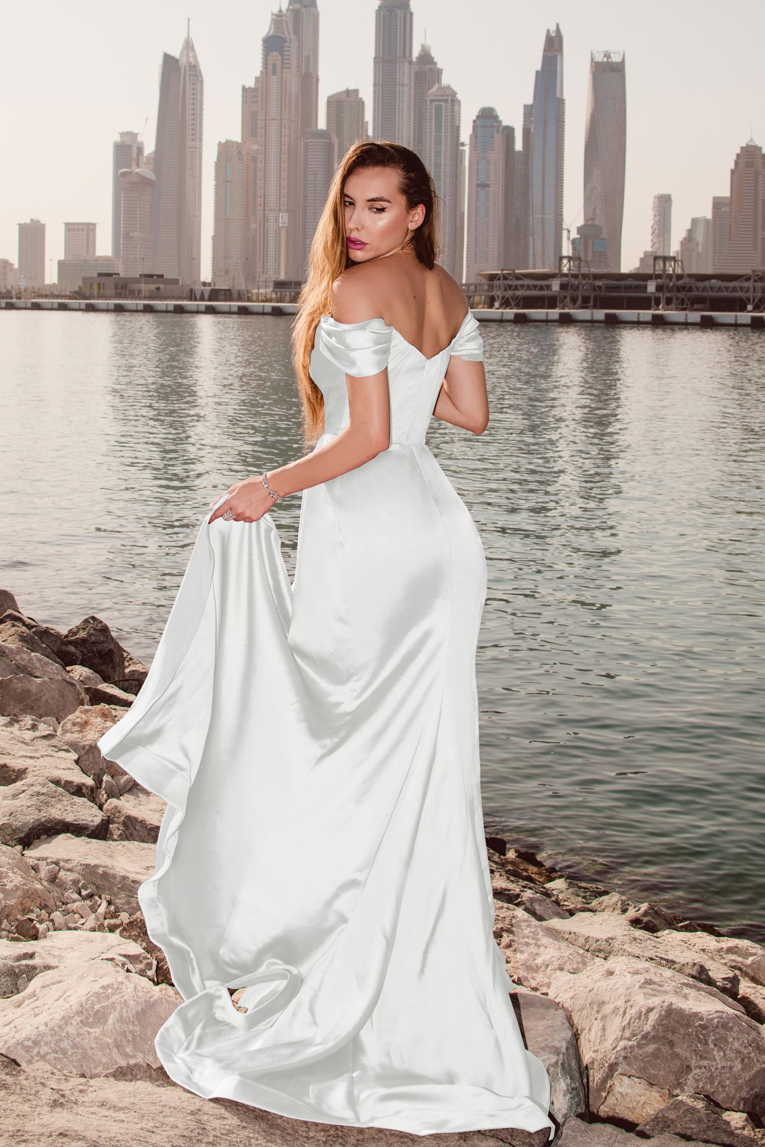 Tina Holly Couture TK016 White Off The Shoulder Sweetheart Neckline Satin Mermaid Fitted Wedding Dress
