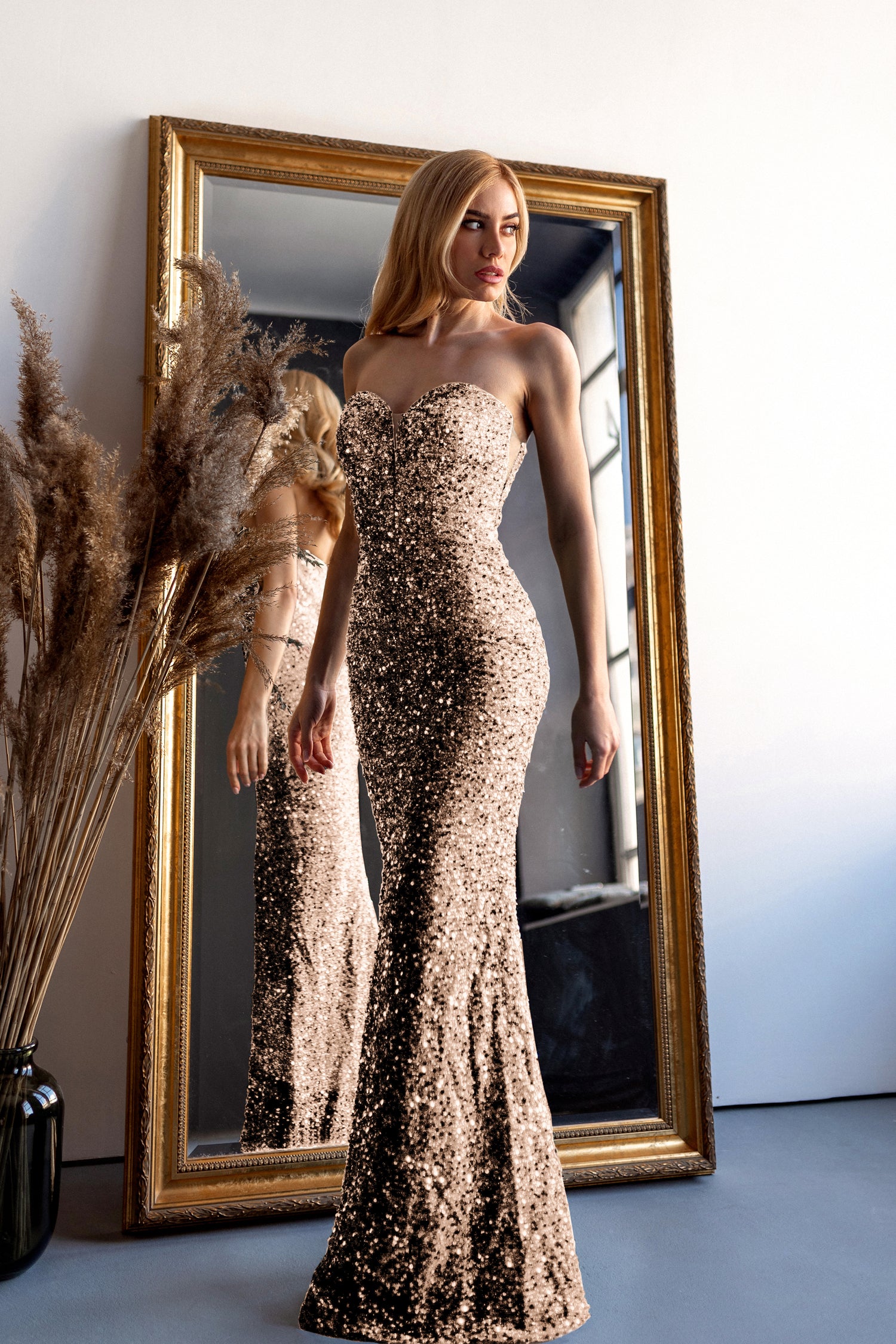 Tina Holly Couture Designer TK046 Rose Gold Sequin Formal Dress w Over Skirt