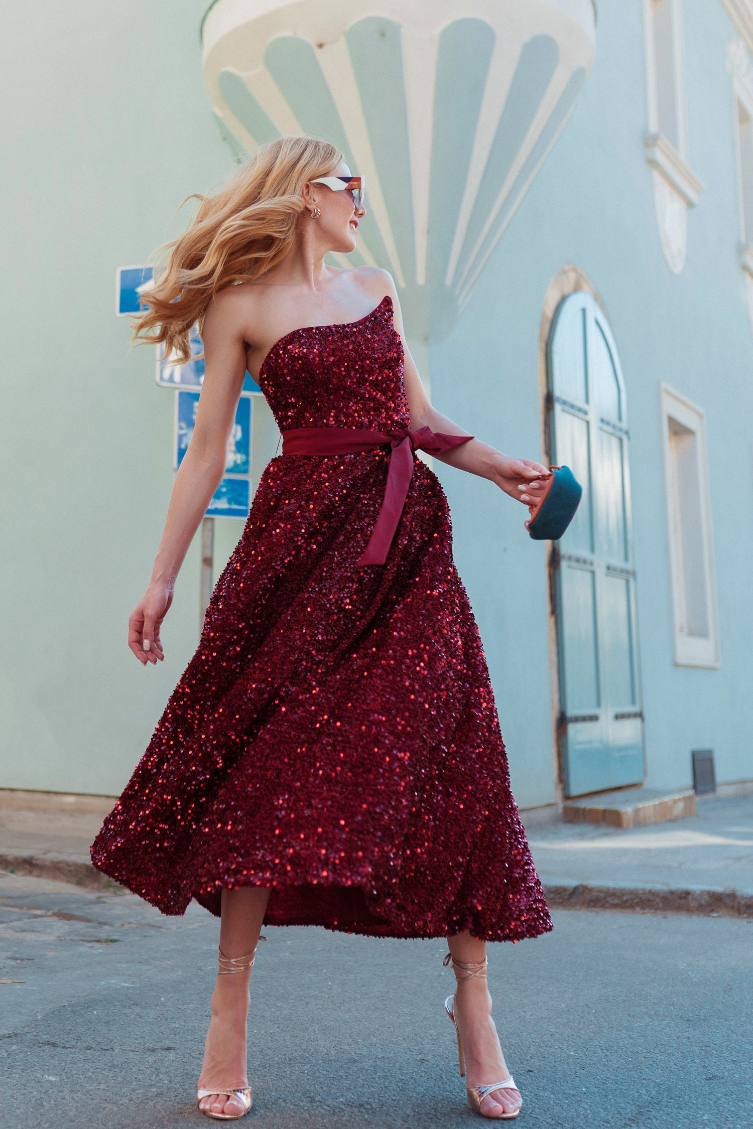 Tina Holly TK047 Burgundy Sequin With A Strapless Neckline A-line Midi Tea-Length Dress