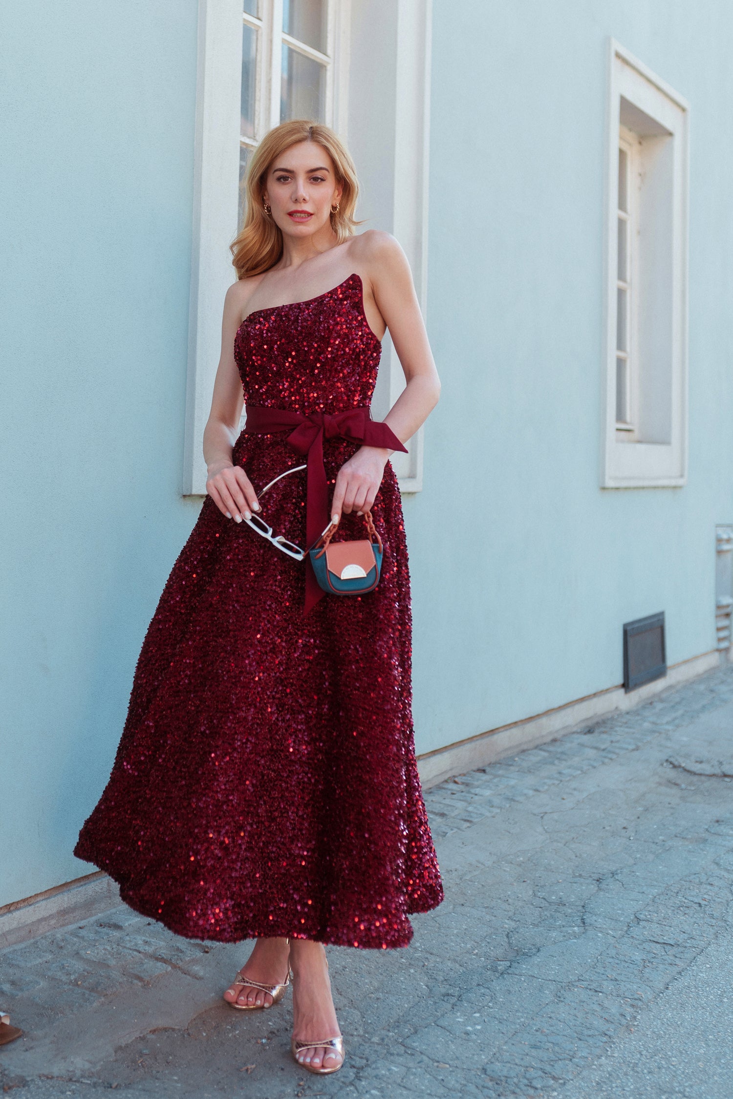 Tina Holly TK047 Burgundy Sequin With A Strapless Neckline A-line Midi Tea-Length Dress