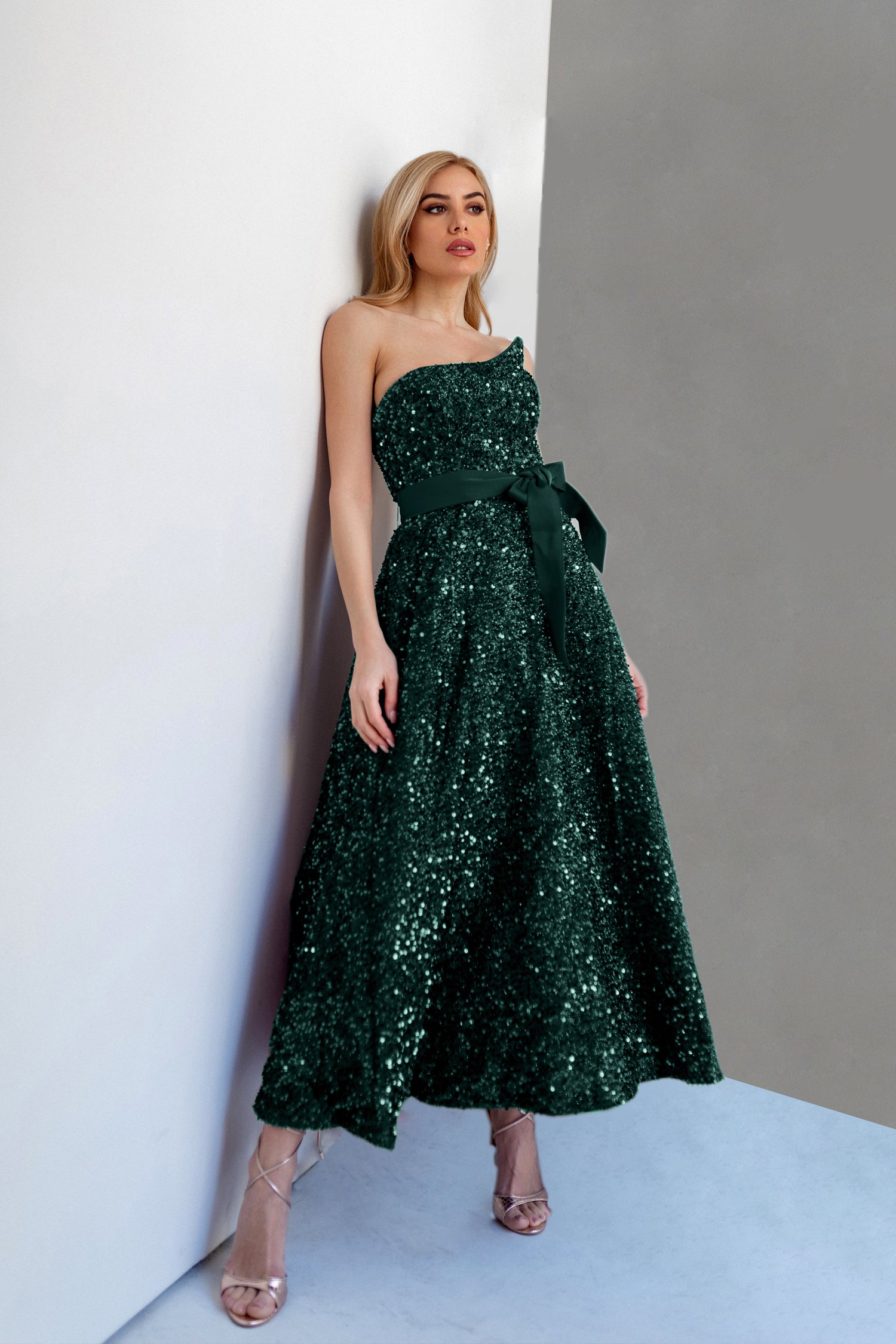 Tina Holly TK047 Emerald Sequin With A Strapless Neckline A-line Midi Tea-Length Dress