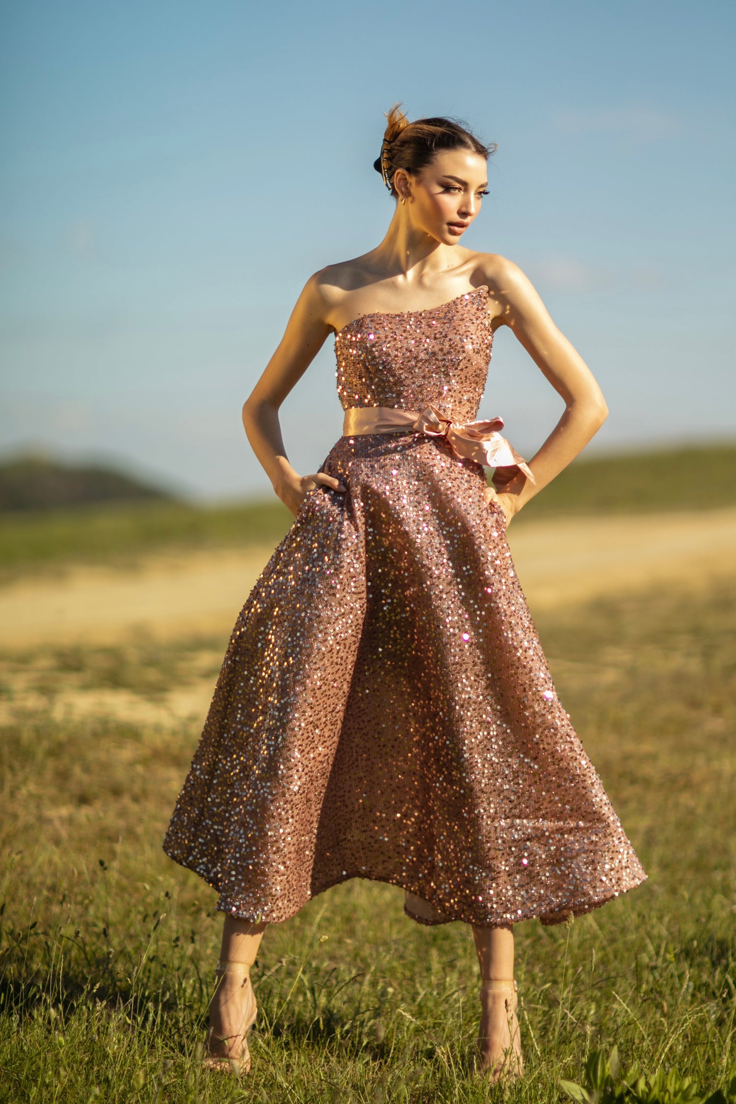 Tina Holly TK047 Rose Gold Sequin With A Strapless Neckline A-line Midi Tea-Length Dress