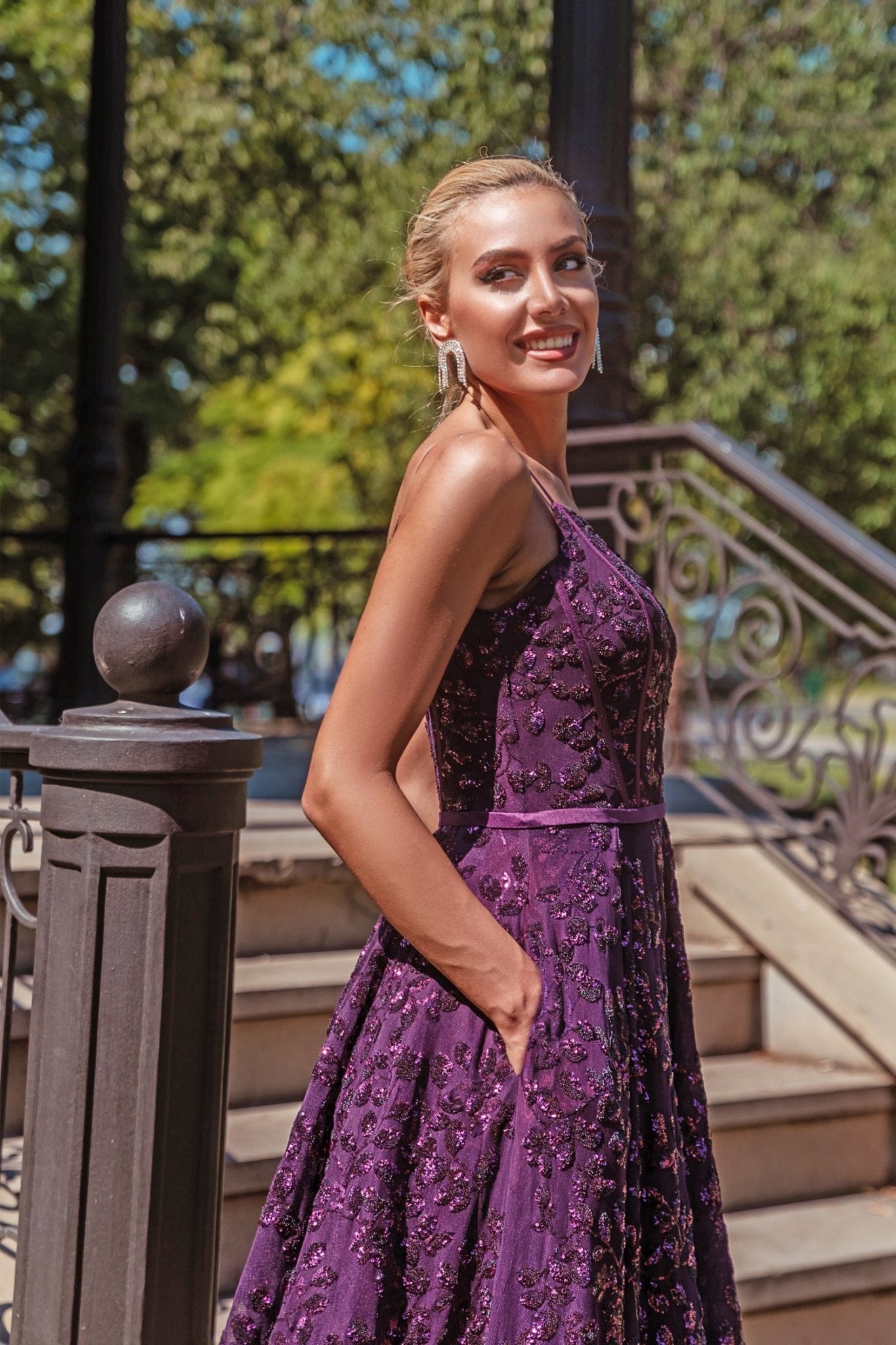 Tina Holly Couture TK068 Plum 3D Sequin Short A - line Plunging Neckline Formal Dress in Australia | One Honey Boutique