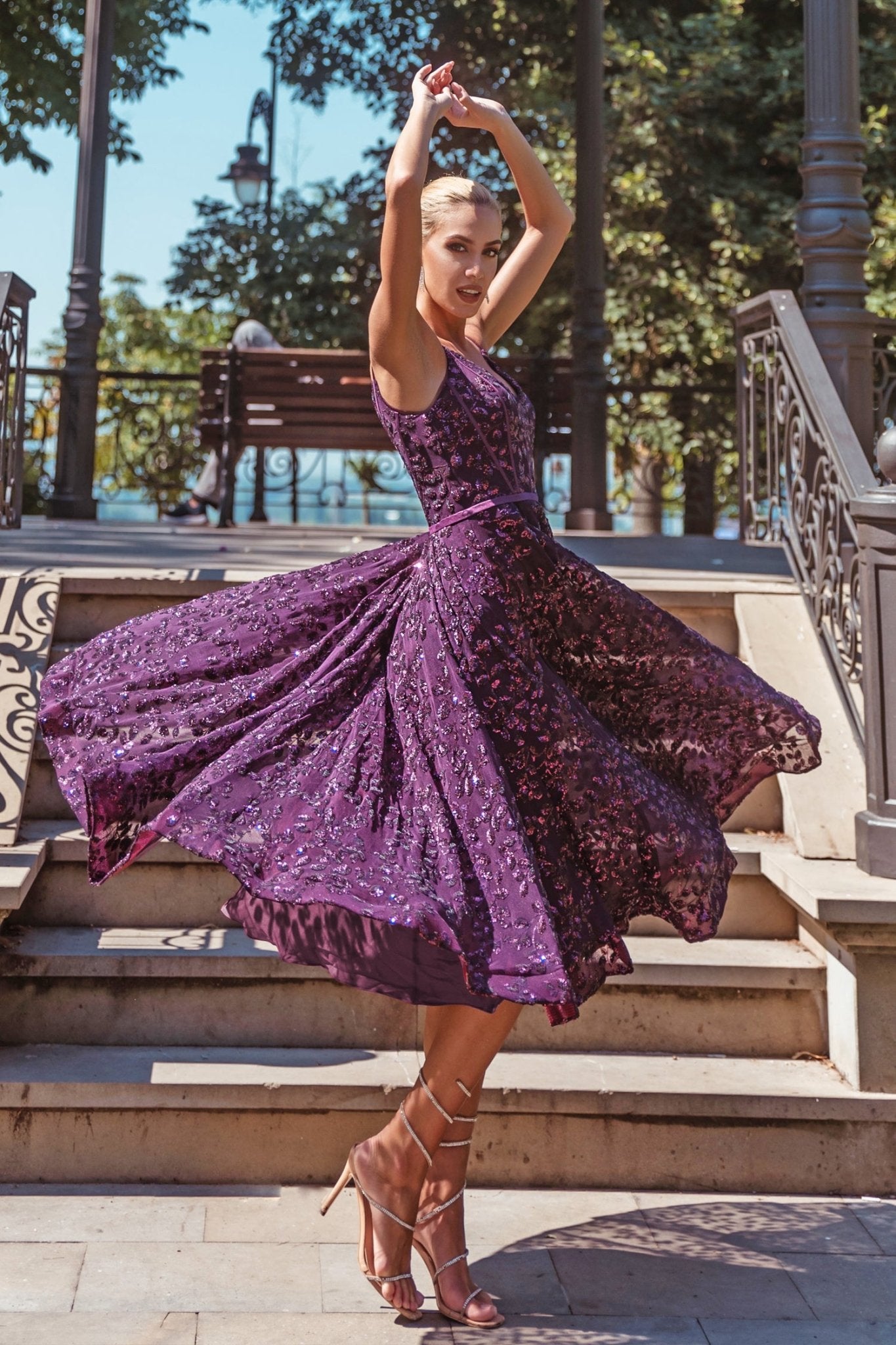 Tina Holly Couture TK068 Plum 3D Sequin Short A - line Plunging Neckline Formal Dress in Australia | One Honey Boutique