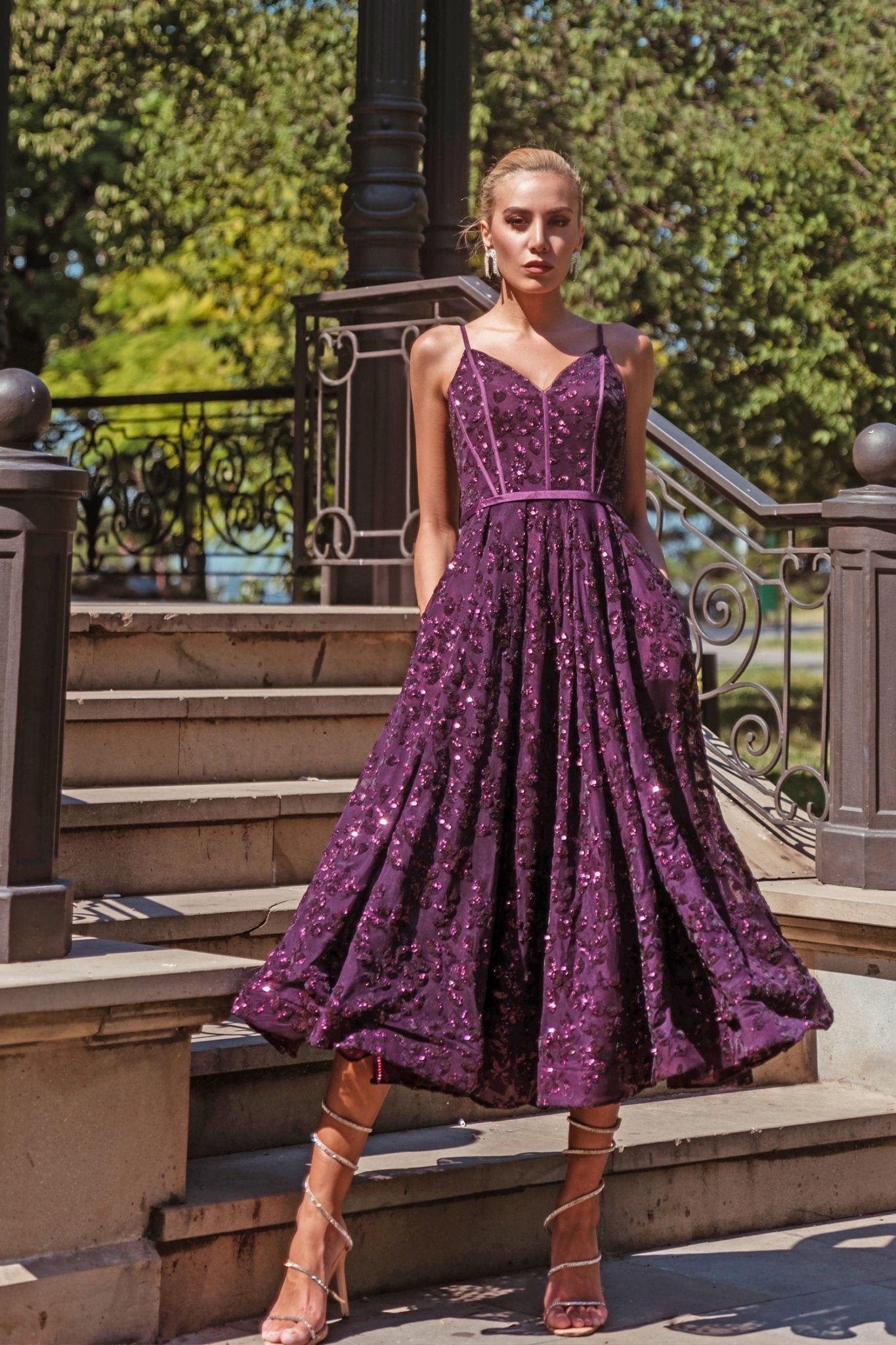 Tina Holly Couture TK068 Plum 3D Sequin Short A - line Plunging Neckline Formal Dress in Australia | One Honey Boutique