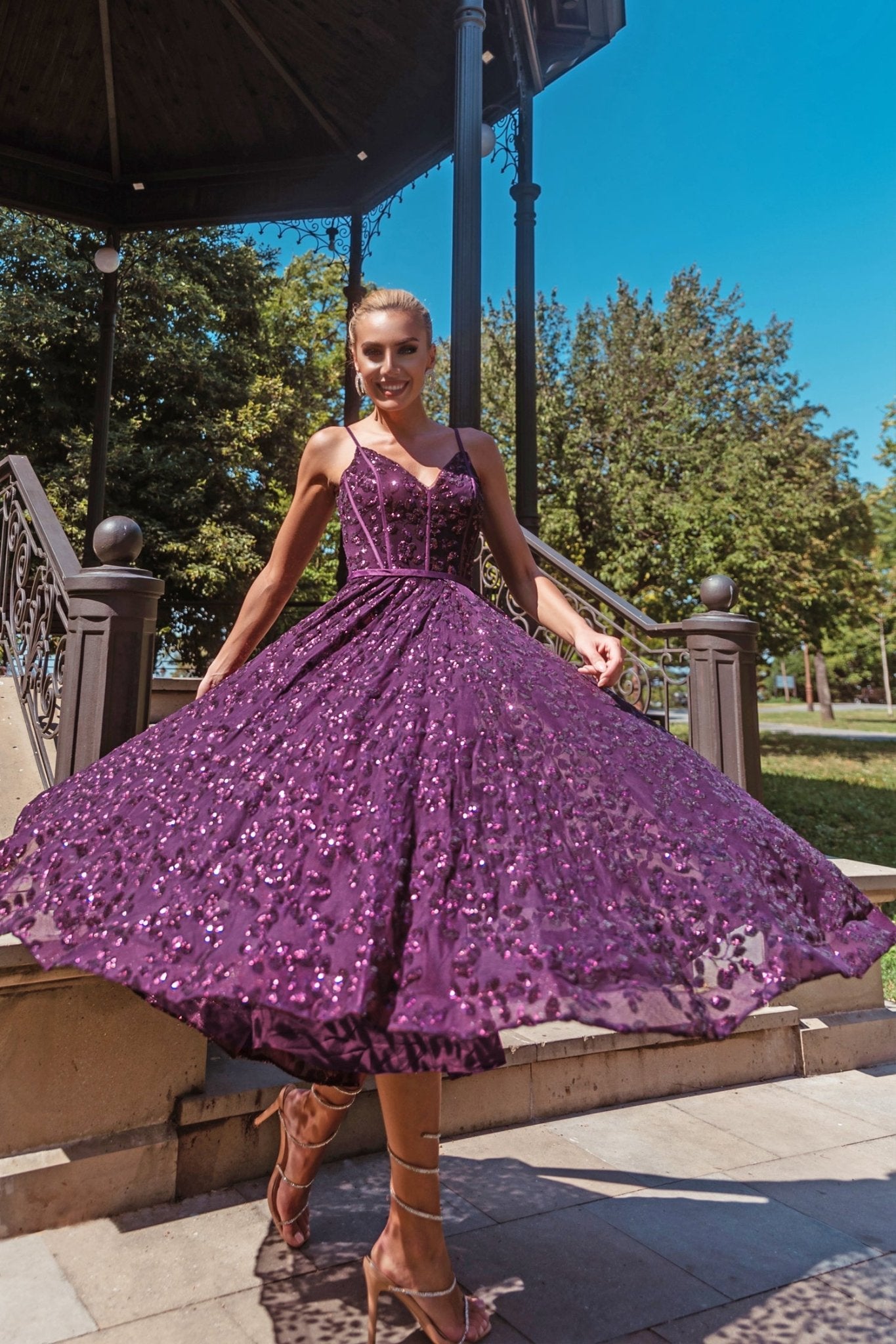 Tina Holly Couture TK068 Plum 3D Sequin Short A - line Plunging Neckline Formal Dress in Australia | One Honey Boutique