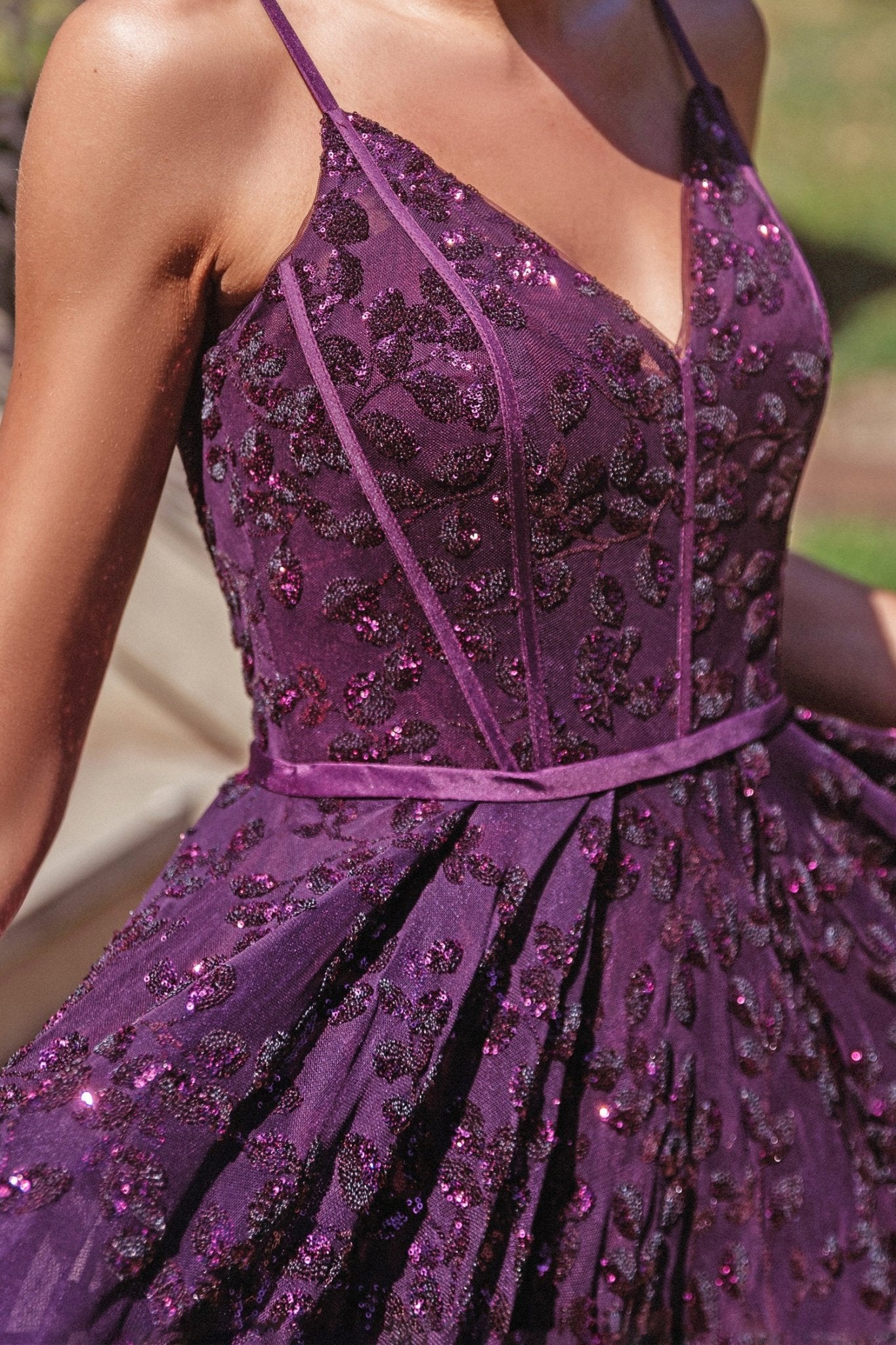Tina Holly Couture TK068 Plum 3D Sequin Short A - line Plunging Neckline Formal Dress in Australia | One Honey Boutique