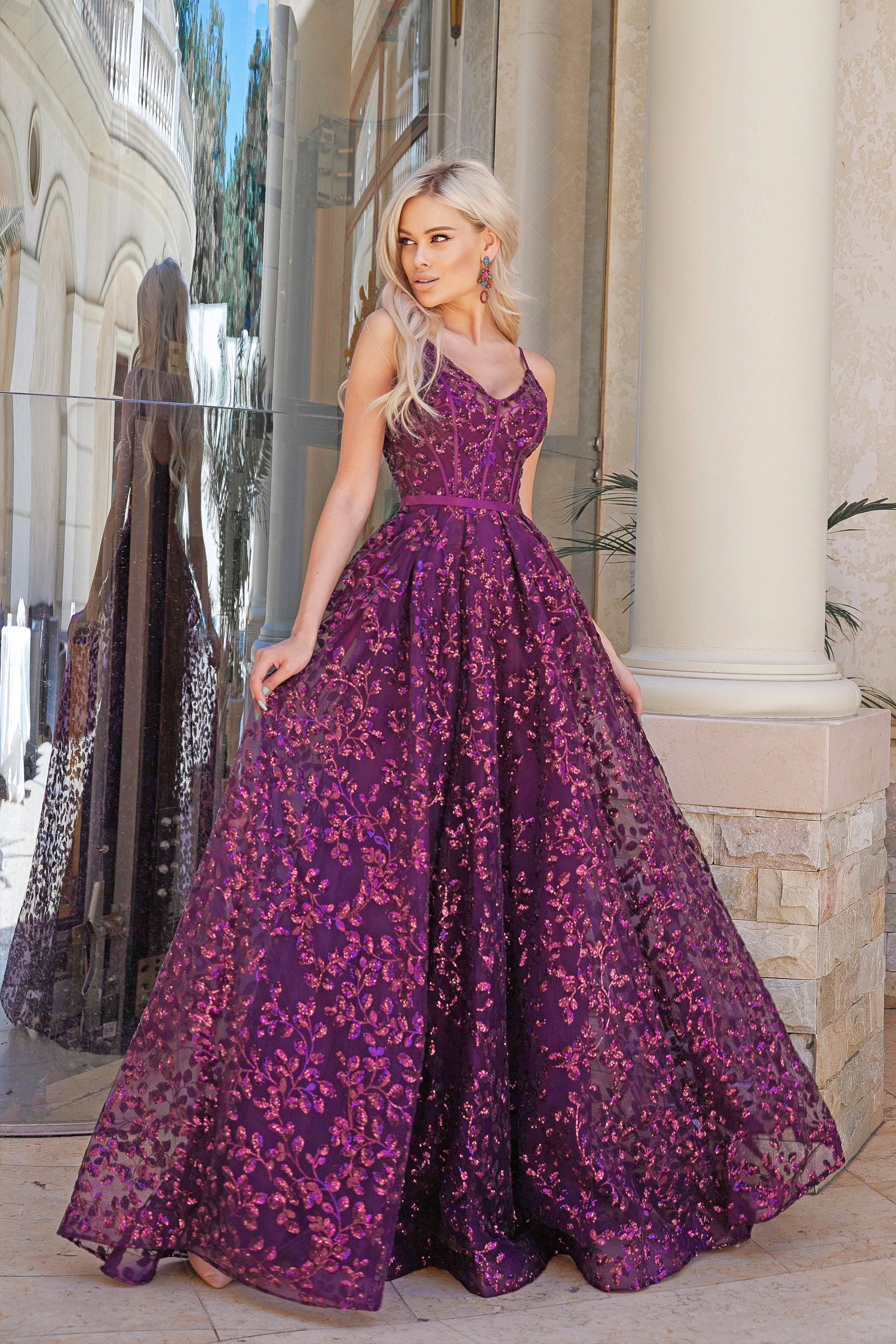 Tina Holly Couture TK069 Plum 3D Sequin A-line Plunging Neckline Formal Dress